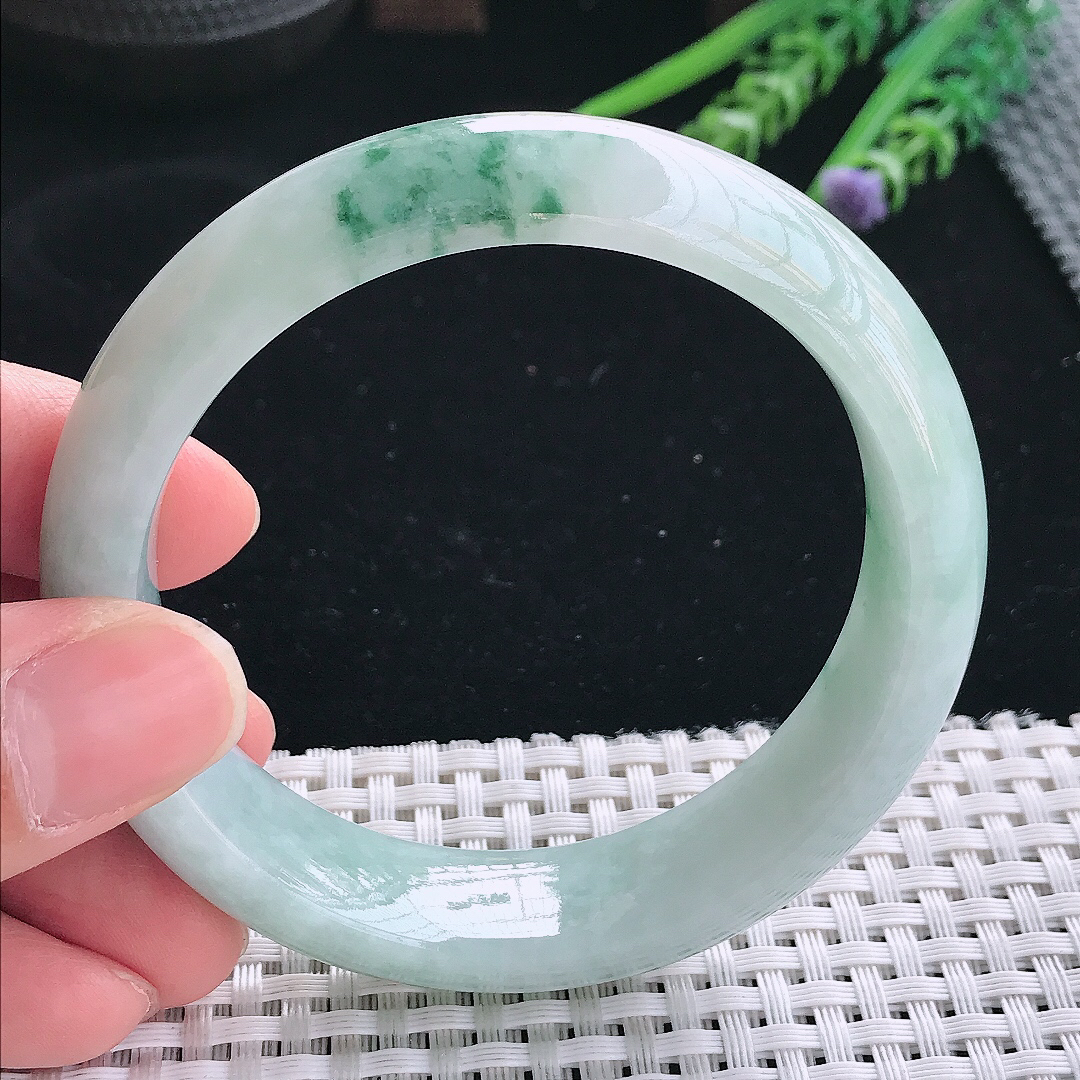 实拍天然翡翠58.5/15.9/8.8老坑精美温润飘花轮胎手镯翡翠玉镯手环