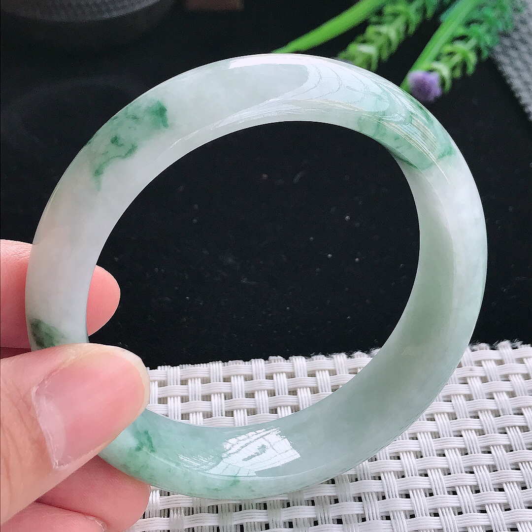 实拍天然翡翠58.5/15.9/8.8老坑精美温润飘花轮胎手镯翡翠玉镯手环