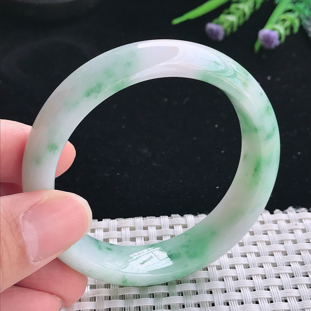 实拍天然翡翠54.5/15.4/8.1轮胎镯老坑精美温润飘花手镯翡翠玉镯手环