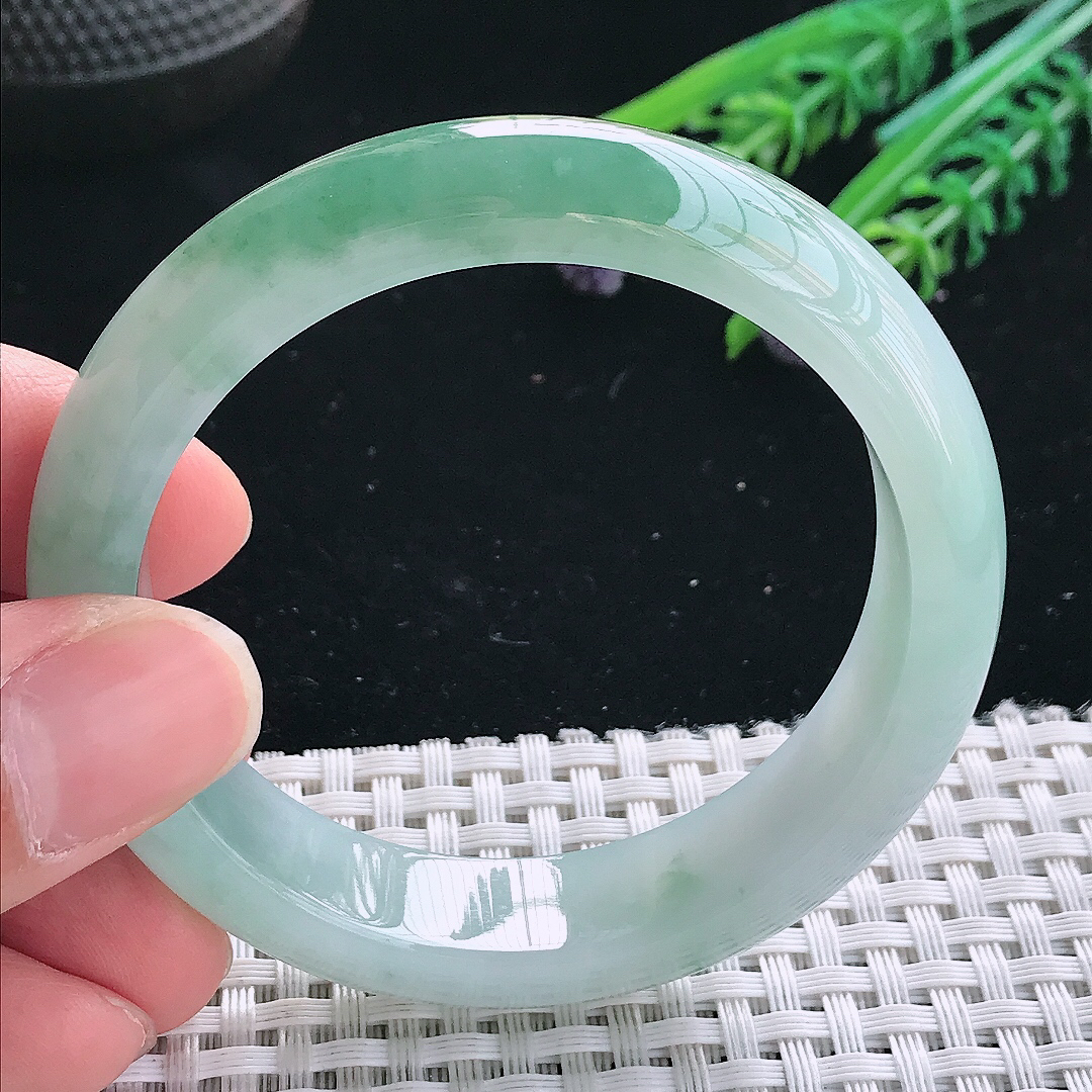 实拍天然翡翠52.5/13.4/8老坑冰胶果冻飘花手镯翡翠玉镯手环