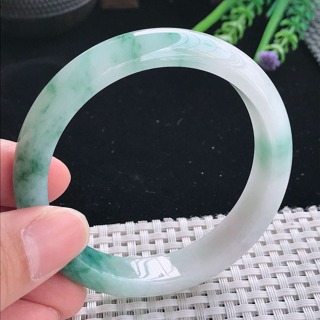 实拍天然翡翠58/13/8老坑冰润起胶飘花手镯翡翠玉镯手环