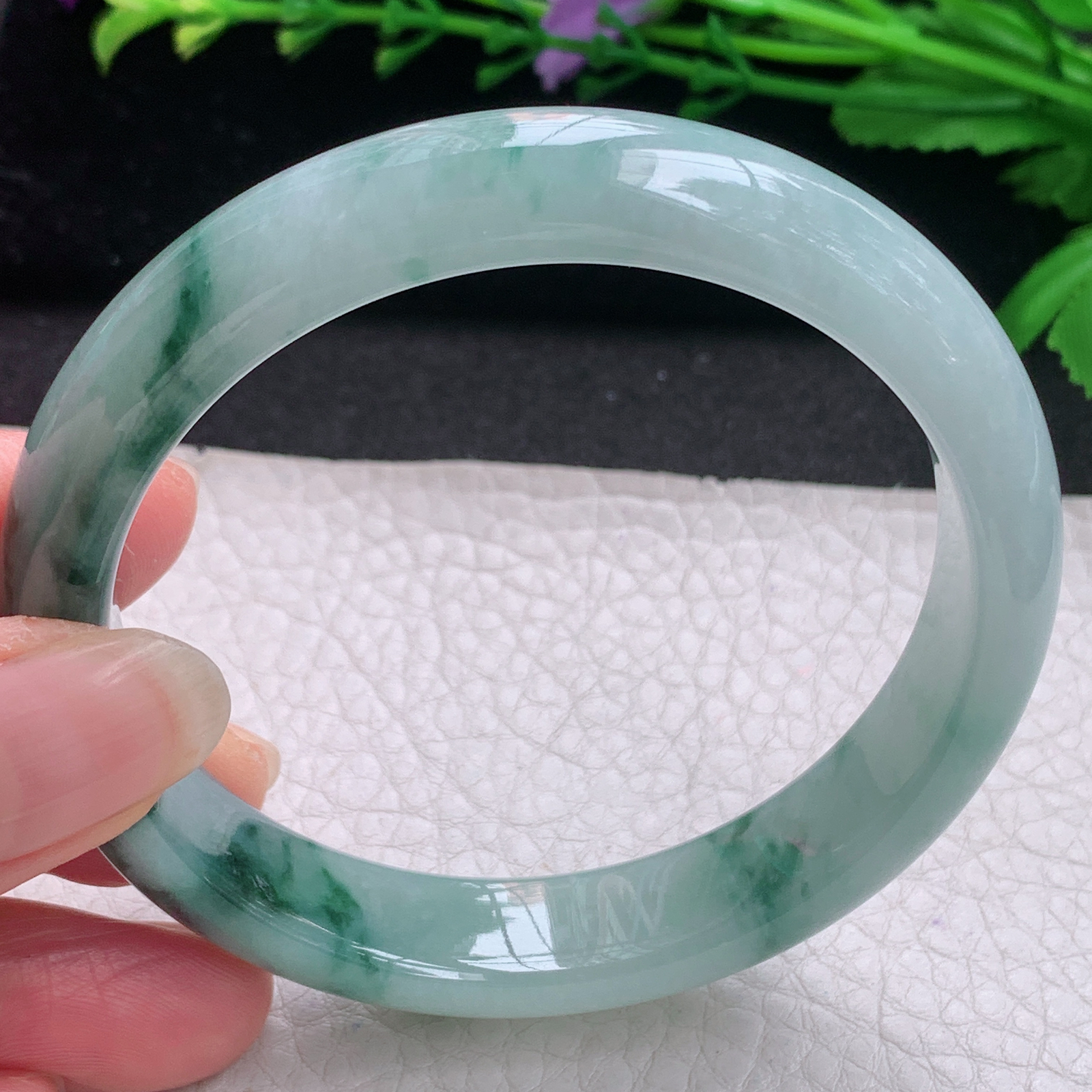 js飘花款58*12.8*7.7平安镯 缅甸翡翠A货玉手镯精美冰飘花宽边玉手环