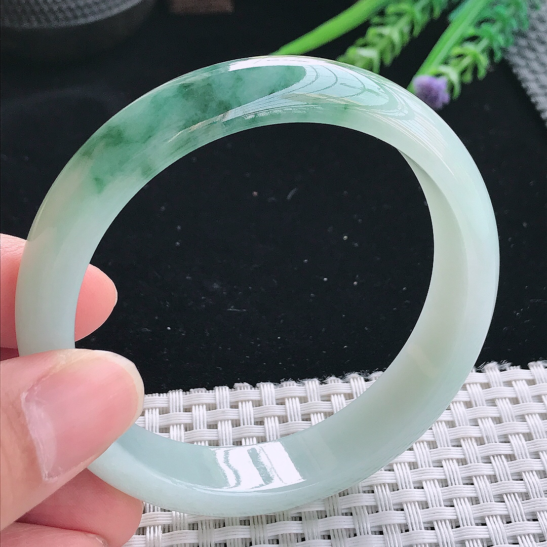 实拍天然翡翠59/13.8/7.6老坑精美冰润飘花手镯翡翠玉镯手环