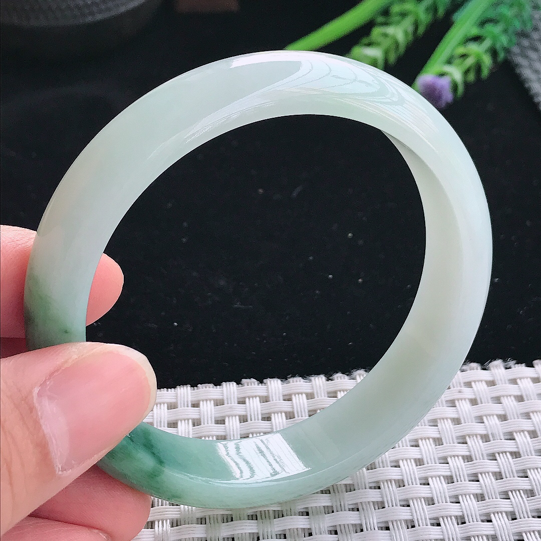 实拍天然翡翠59/13.8/7.6老坑精美冰润飘花手镯翡翠玉镯手环