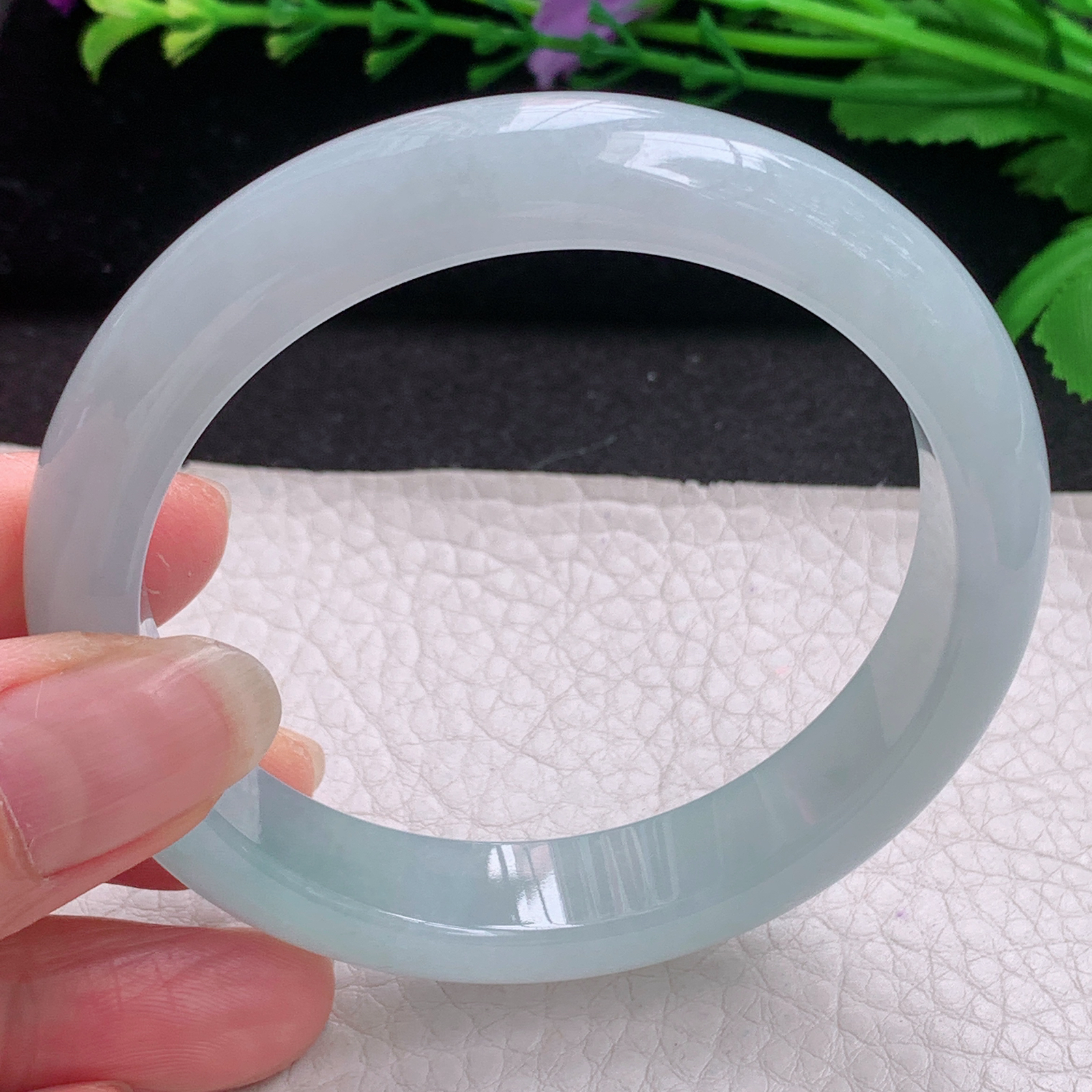 js冰蓝款57*12.3*8平安镯 缅甸翡翠A货玉手镯精美冰蓝宽边玉手环