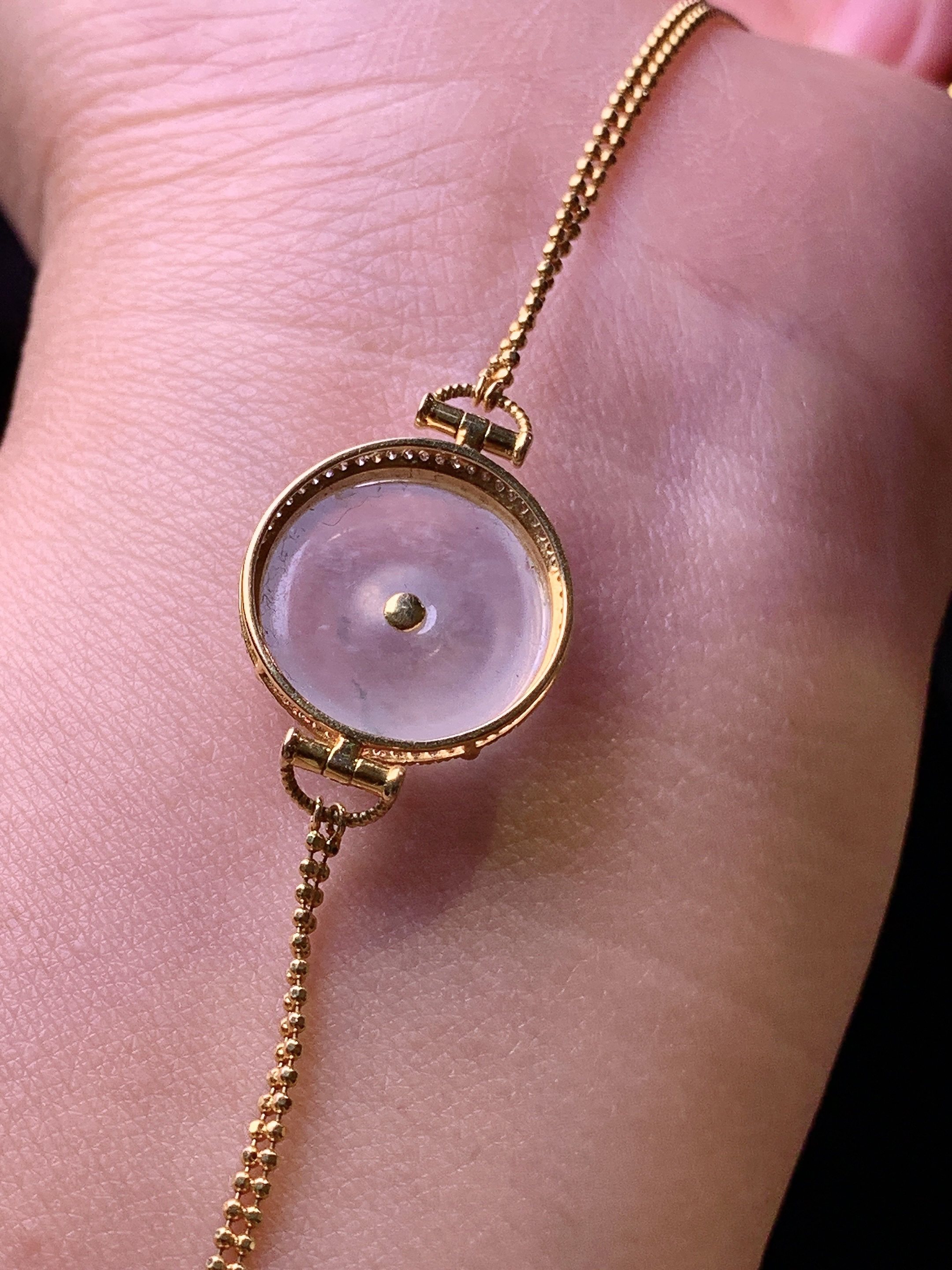 18k金钻镶嵌冰种平安扣手链 玉质细腻 色泽艳丽清新 水润亮眼 整体尺寸170*16.5*5y4