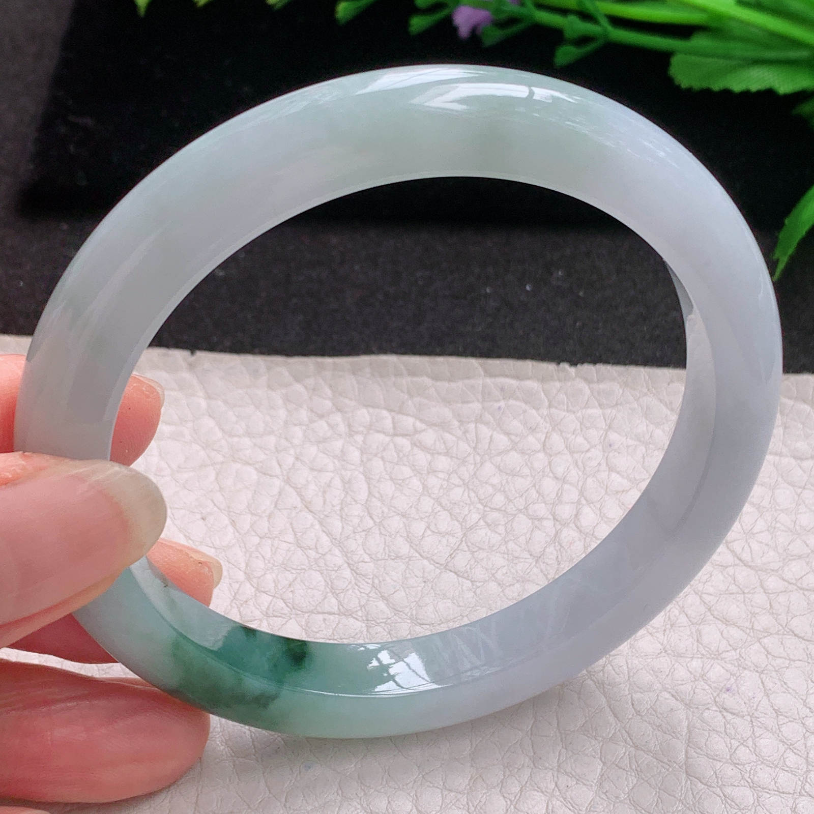 js大圈口60*9.5*8.5平安镯 缅甸翡翠A货玉手镯精美冰飘花宽边玉手环