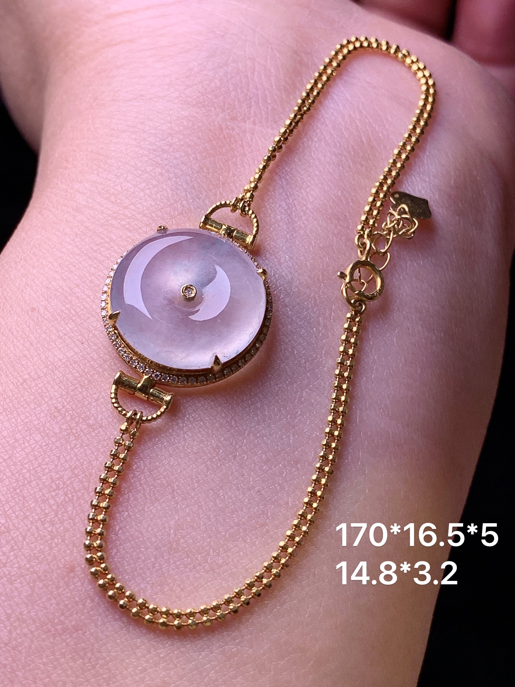 18k金钻镶嵌冰种平安扣手链 玉质细腻 色泽艳丽清新 水润亮眼 整体尺寸170*16.5*5y4