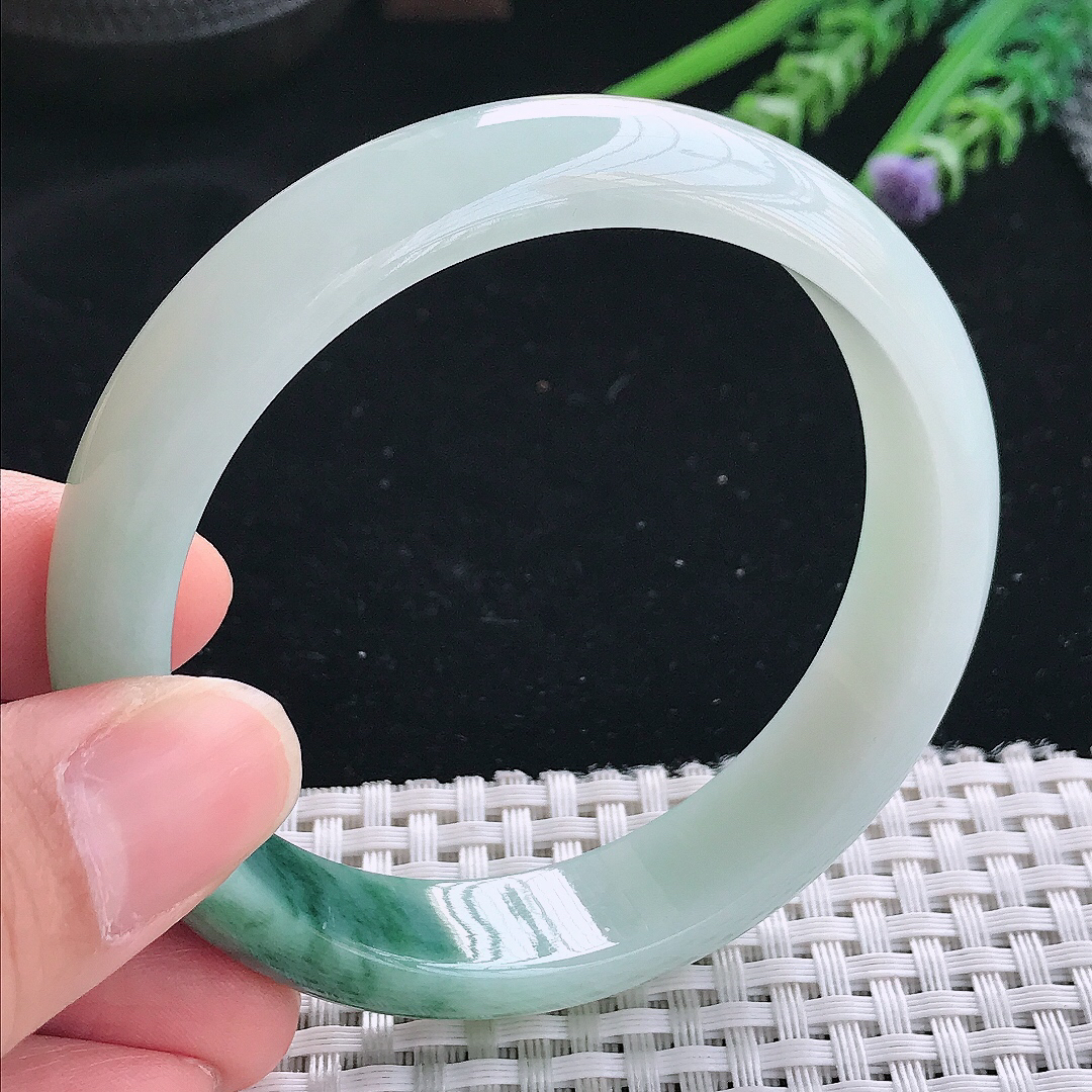 实拍天然翡翠59/13.8/7.6老坑精美冰润飘花手镯翡翠玉镯手环