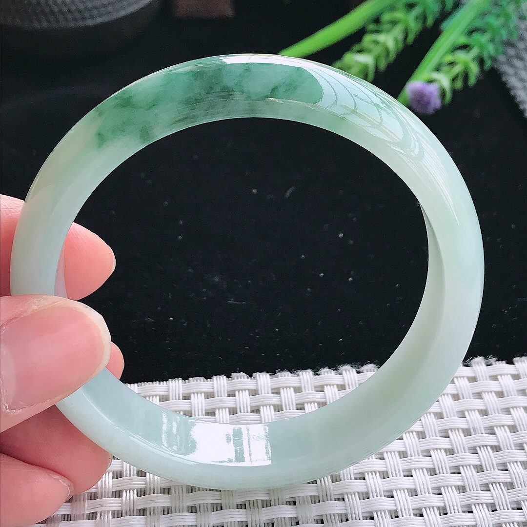 实拍天然翡翠59/13.8/7.6老坑精美冰润飘花手镯翡翠玉镯手环