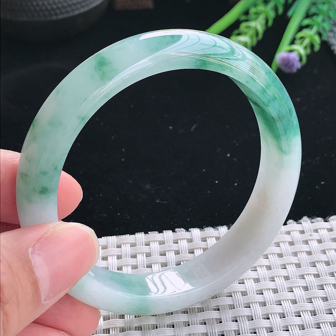 实拍天然翡翠58/13/8老坑冰润起胶飘花手镯翡翠玉镯手环