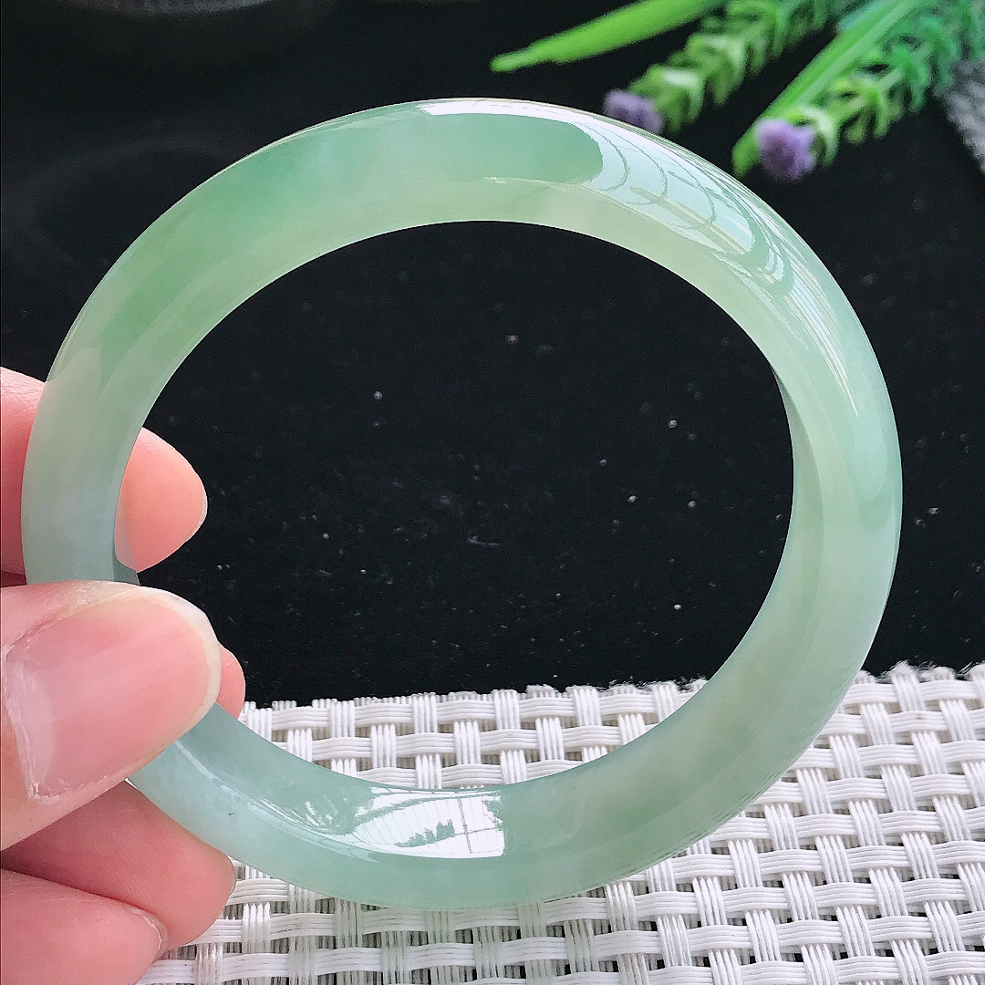 实拍天然翡翠57.5/12.8/8.1老坑冰胶果冻冰晴绿满绿手镯翡翠玉镯手环