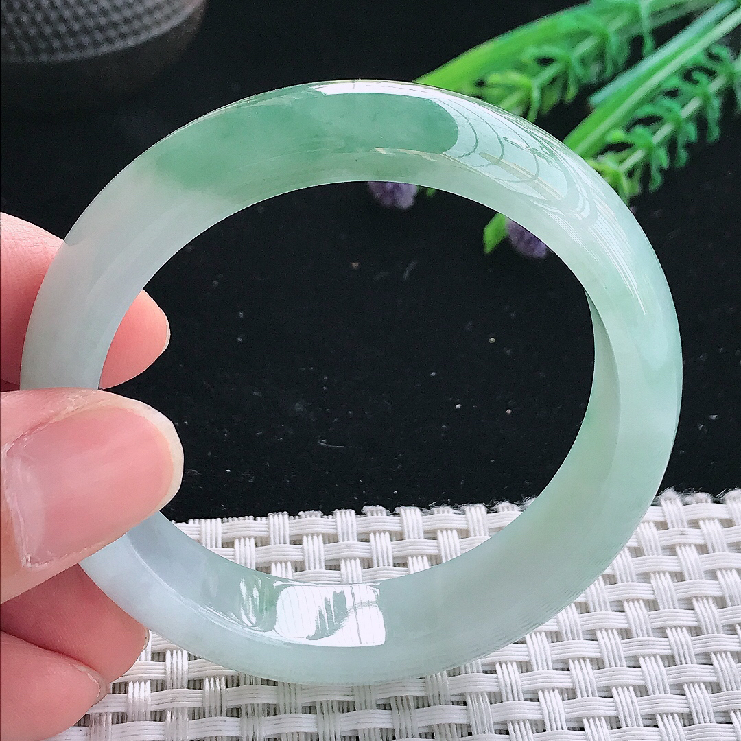 实拍天然翡翠52.5/13.4/8老坑冰胶果冻飘花手镯翡翠玉镯手环