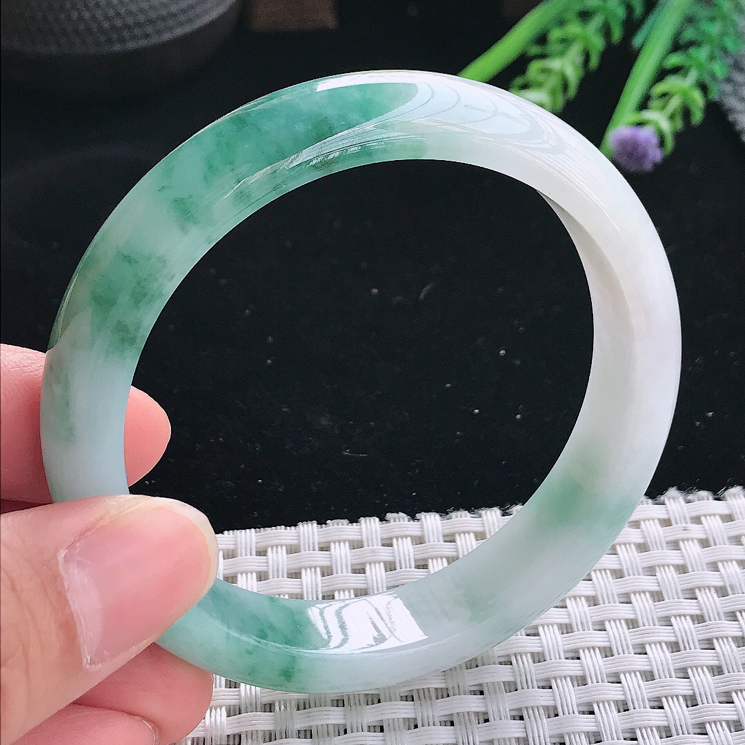 实拍天然翡翠58/13/8老坑冰润起胶飘花手镯翡翠玉镯手环