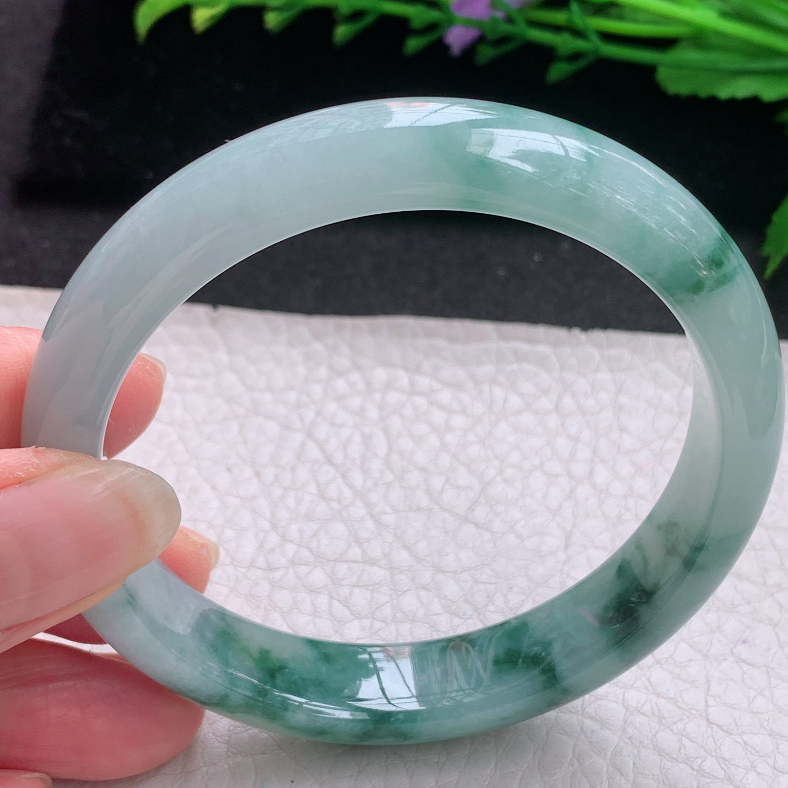 js飘花款58*12.8*7.7平安镯 缅甸翡翠A货玉手镯精美冰飘花宽边玉手环