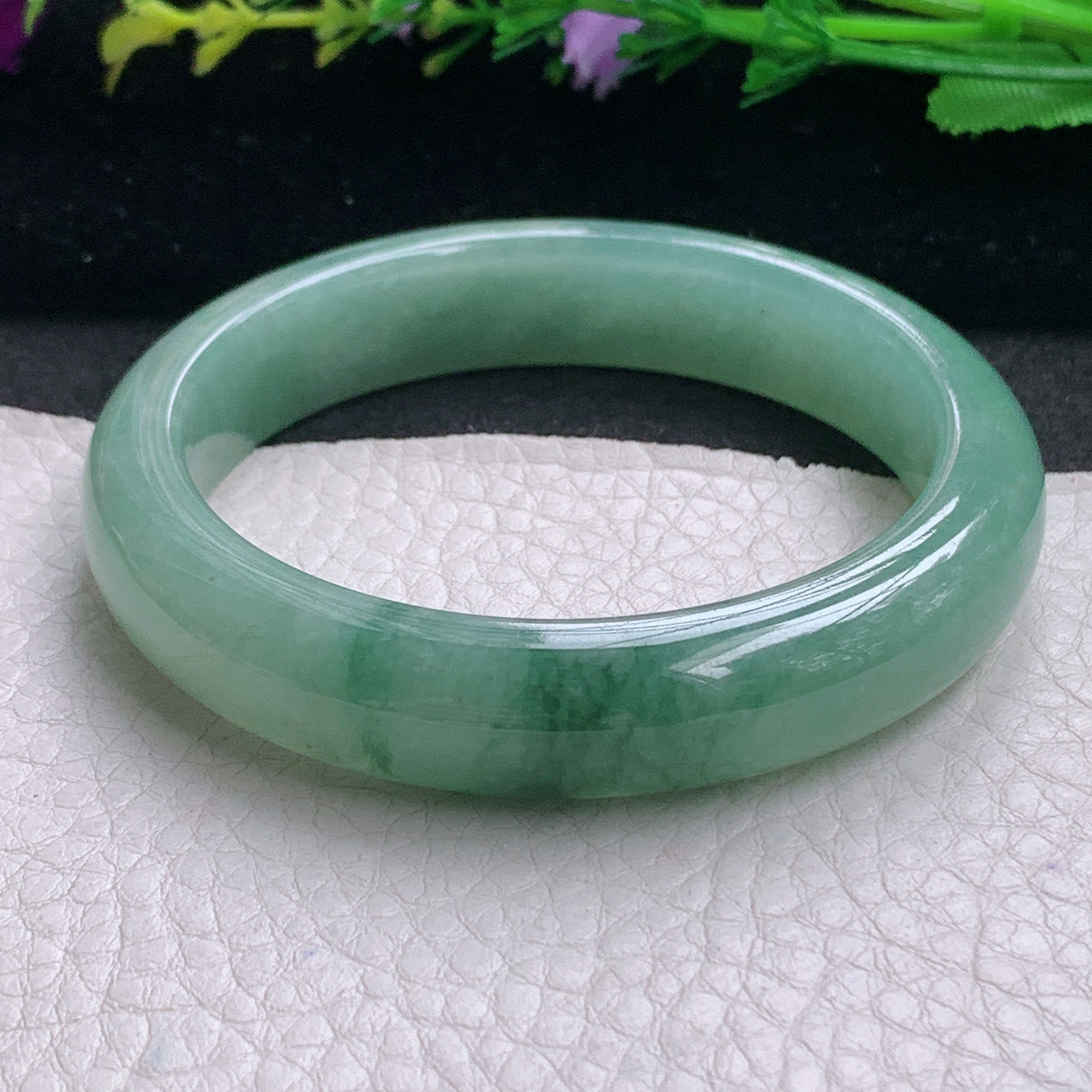 r实拍54.3*12*8平安镯 缅甸翡翠A货玉手镯精美冰飘花宽边玉手镯