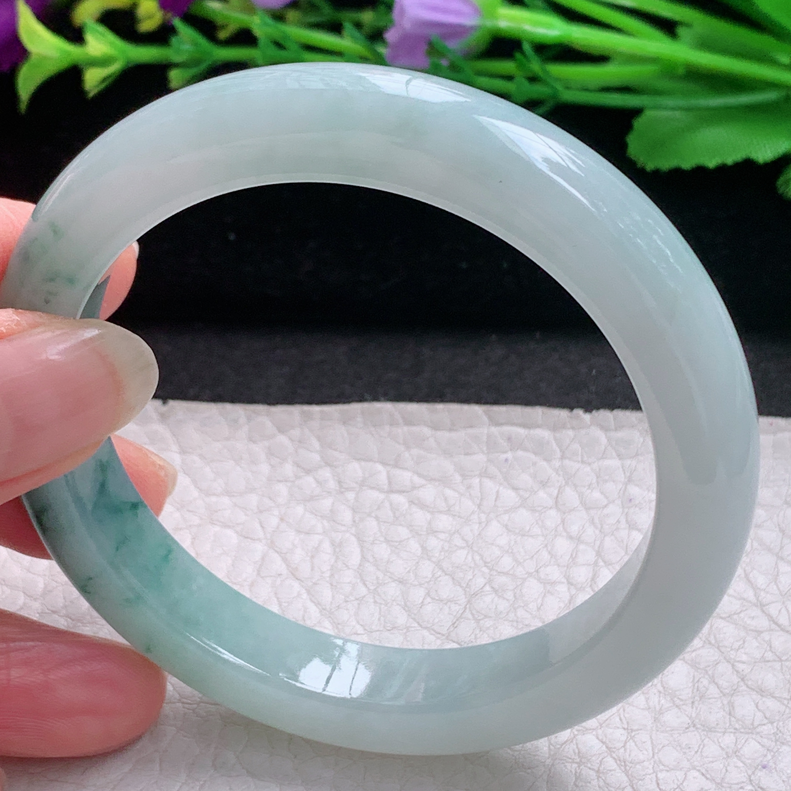 r飘逸款55.5*10.6*8.6平安镯 缅甸翡翠A货玉手镯精美冰飘花宽边玉手镯