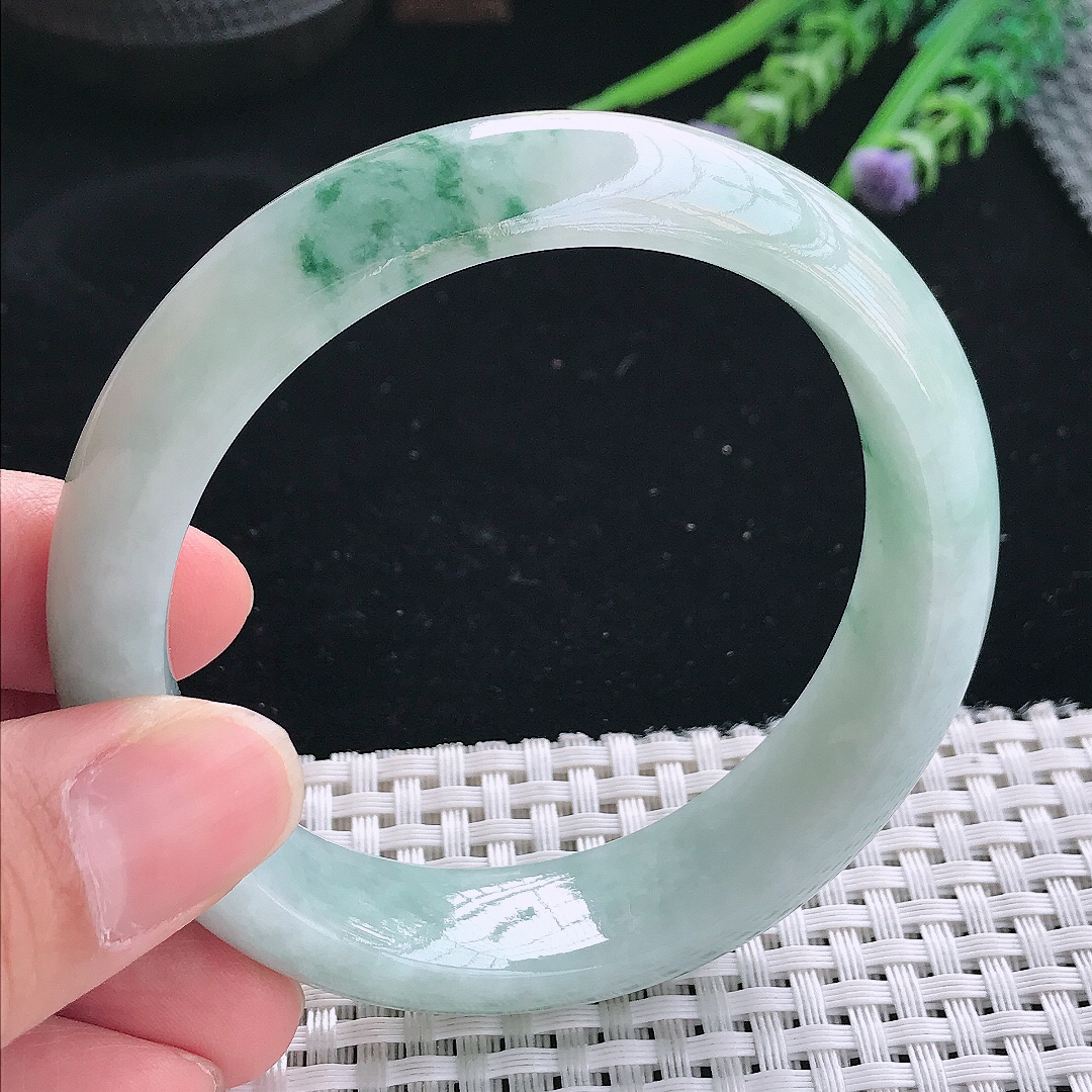 实拍天然翡翠58.5/15.9/8.8老坑精美温润飘花轮胎手镯翡翠玉镯手环