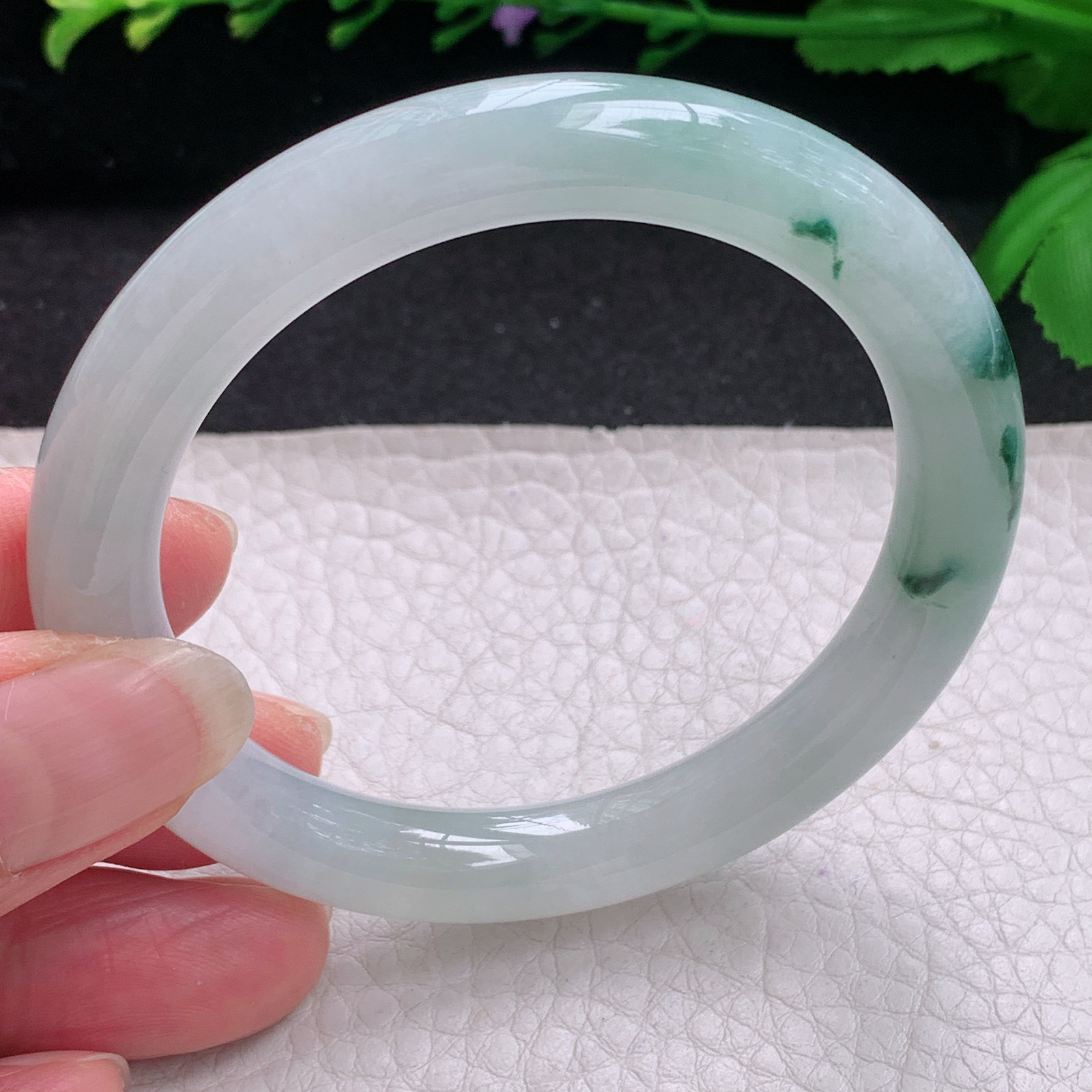 ee实拍53.8*9美人镯 缅甸翡翠A货玉手镯精美冰飘花圆条玉手镯