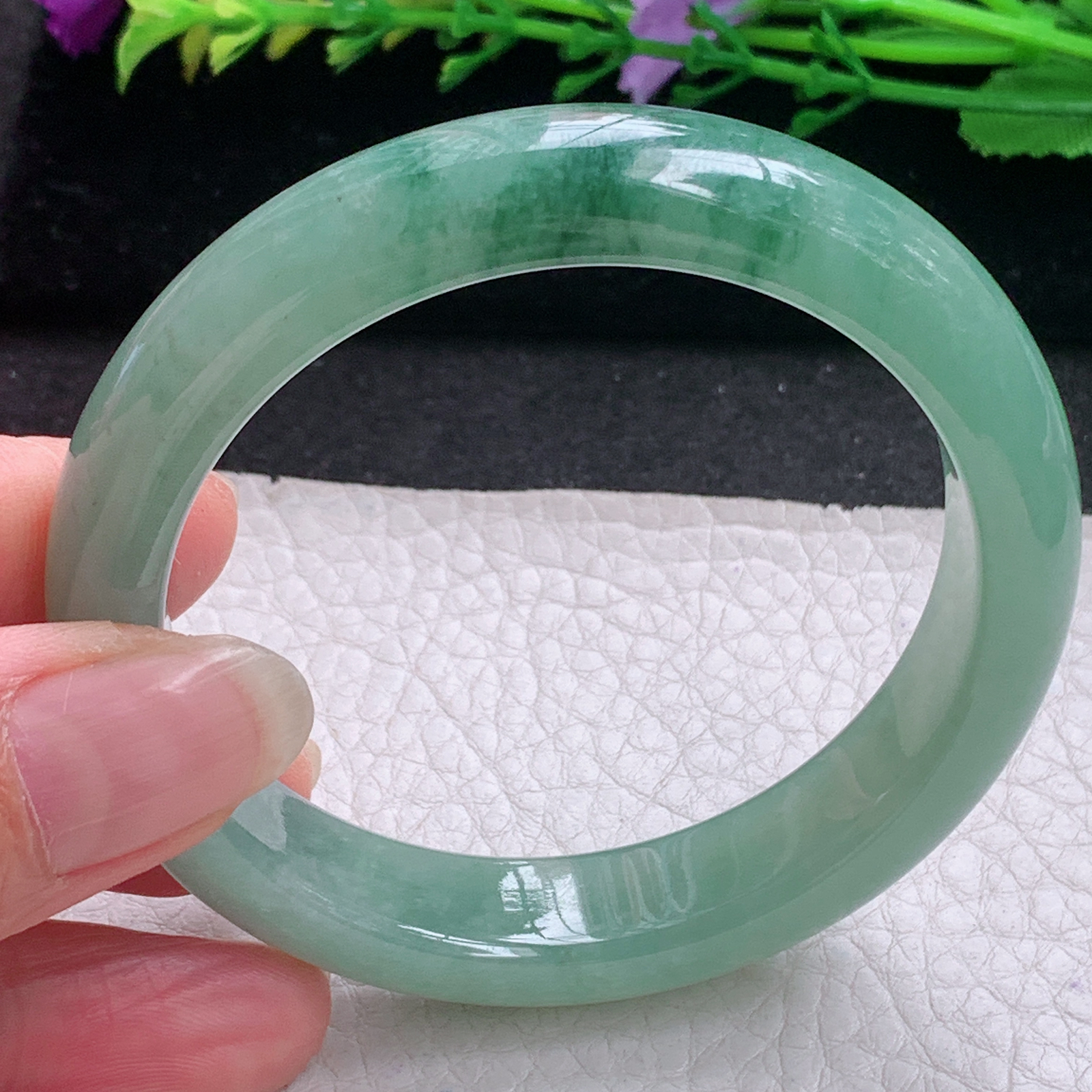 r实拍54.3*12*8平安镯 缅甸翡翠A货玉手镯精美冰飘花宽边玉手镯