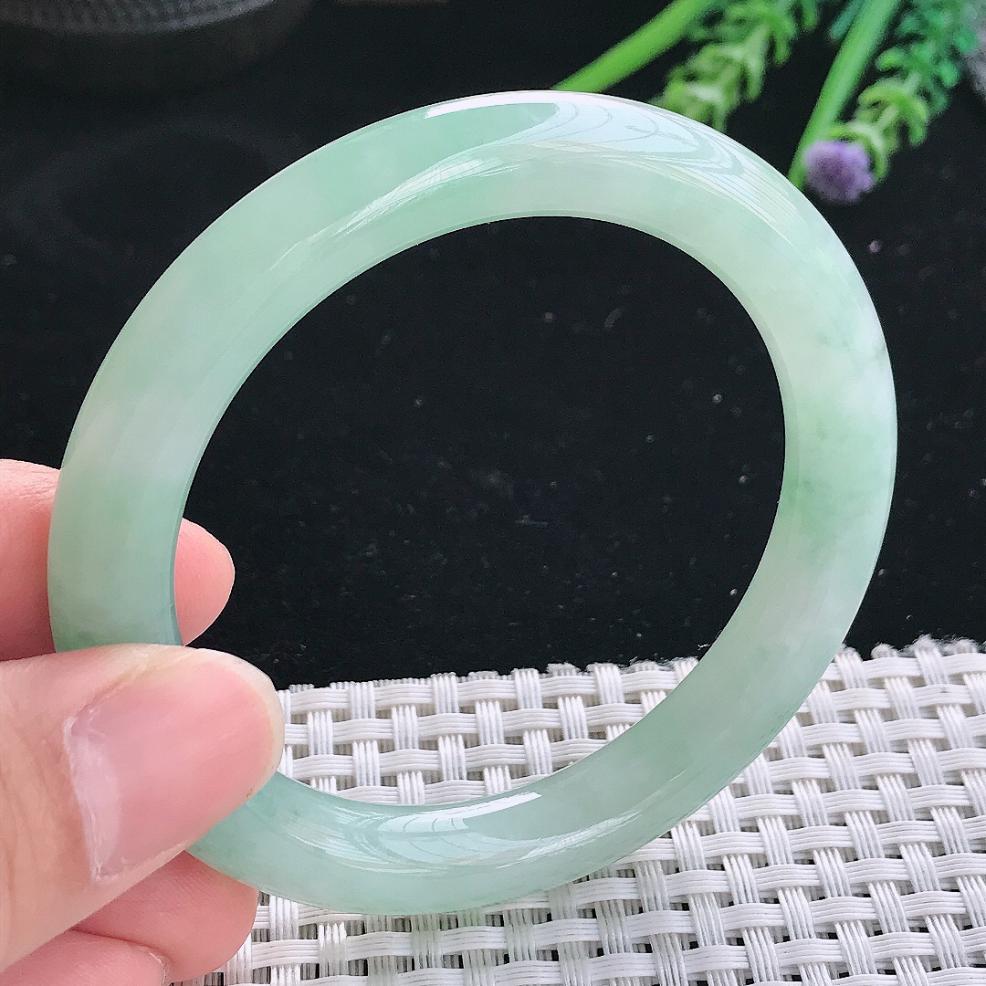 实拍天然翡翠54.5/9.5/9.3老坑冰胶果冻冰晴飘花圆条手镯翡翠玉镯手环