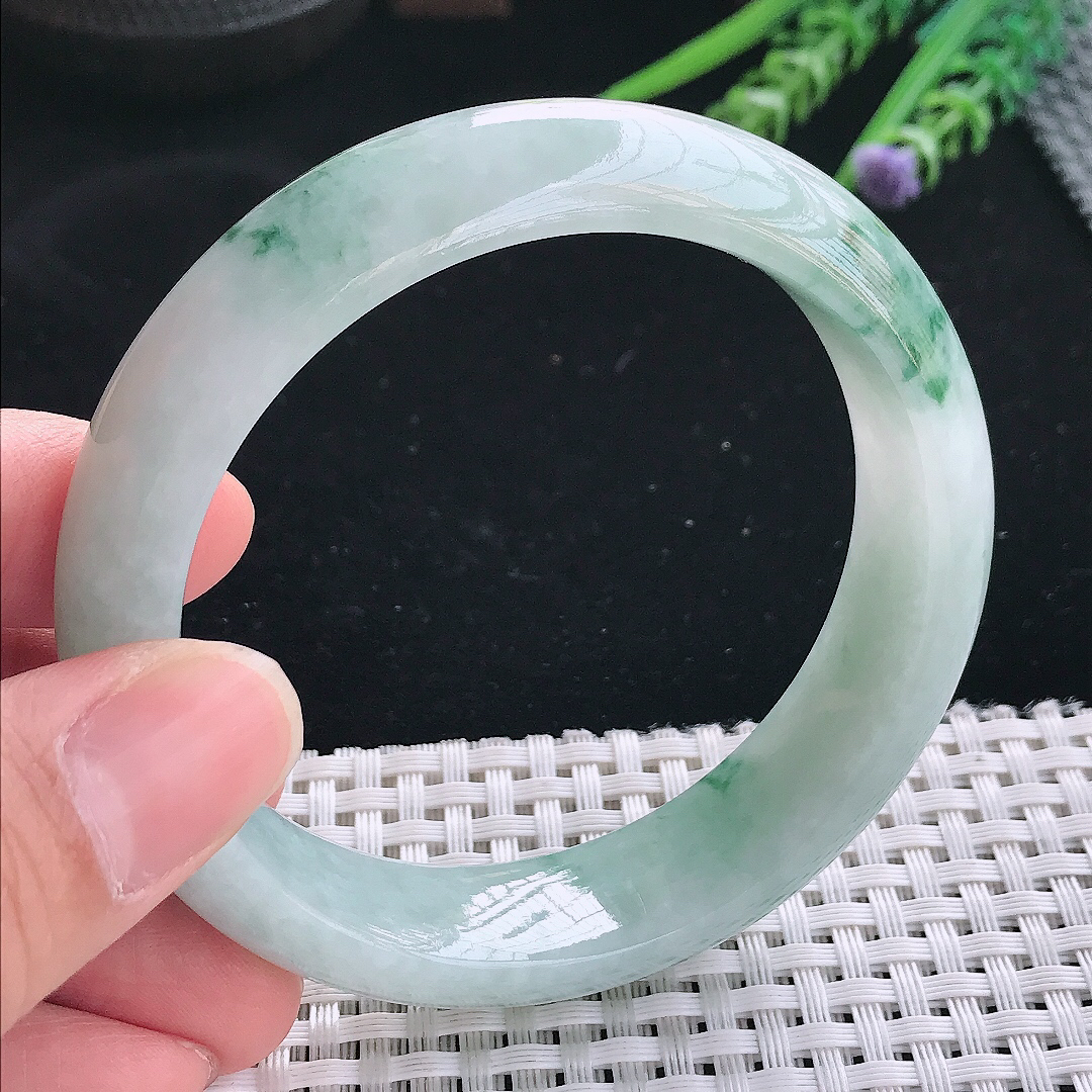 实拍天然翡翠58.5/15.9/8.8老坑精美温润飘花轮胎手镯翡翠玉镯手环