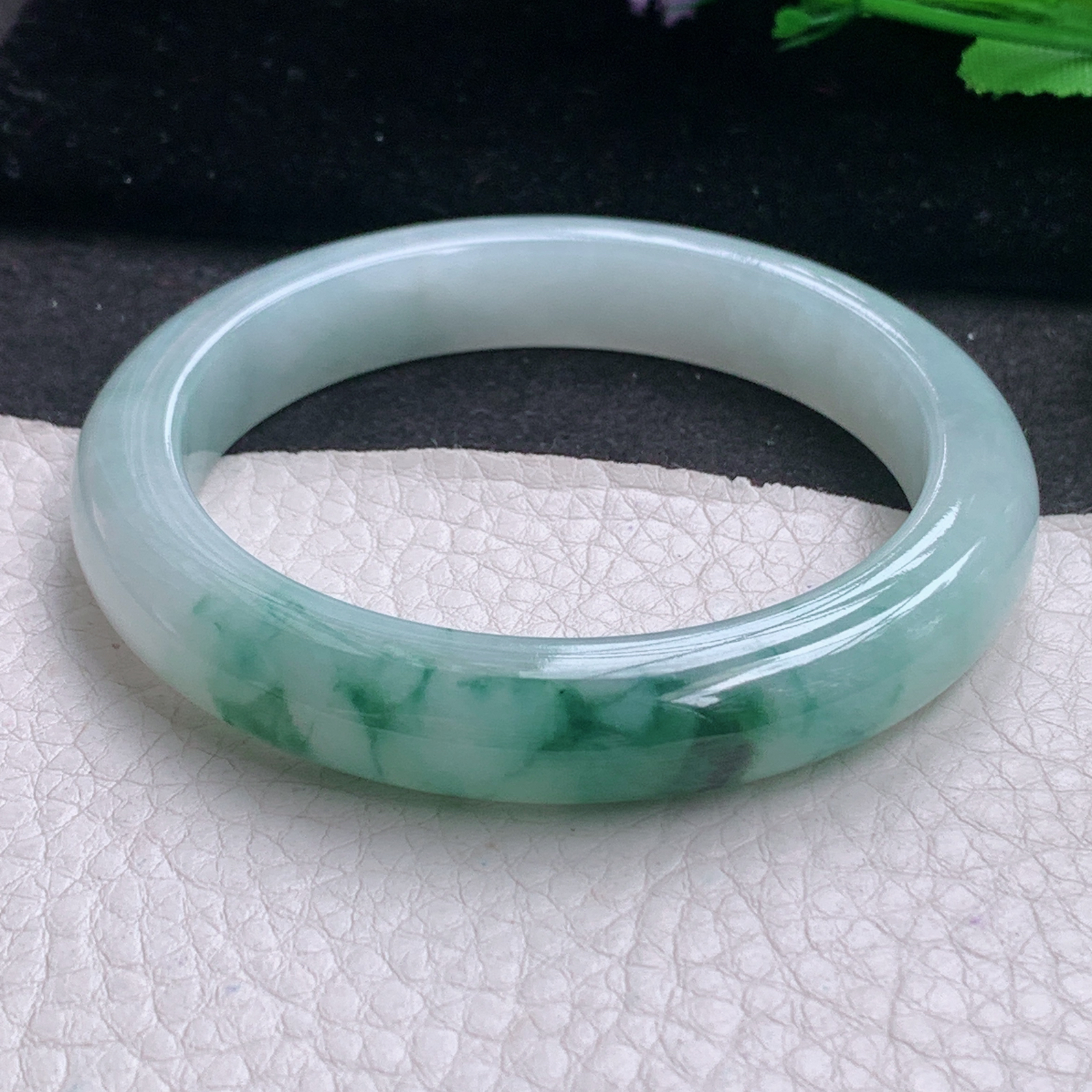 r飘逸款55.5*10.6*8.6平安镯 缅甸翡翠A货玉手镯精美冰飘花宽边玉手镯