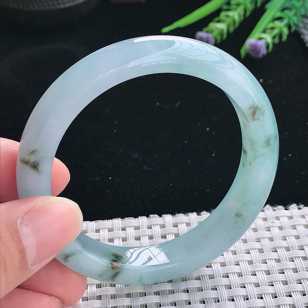 实拍天然翡翠55.5/11.5/8.6老坑冰胶果冻蓝韵飘花手镯翡翠玉镯手环