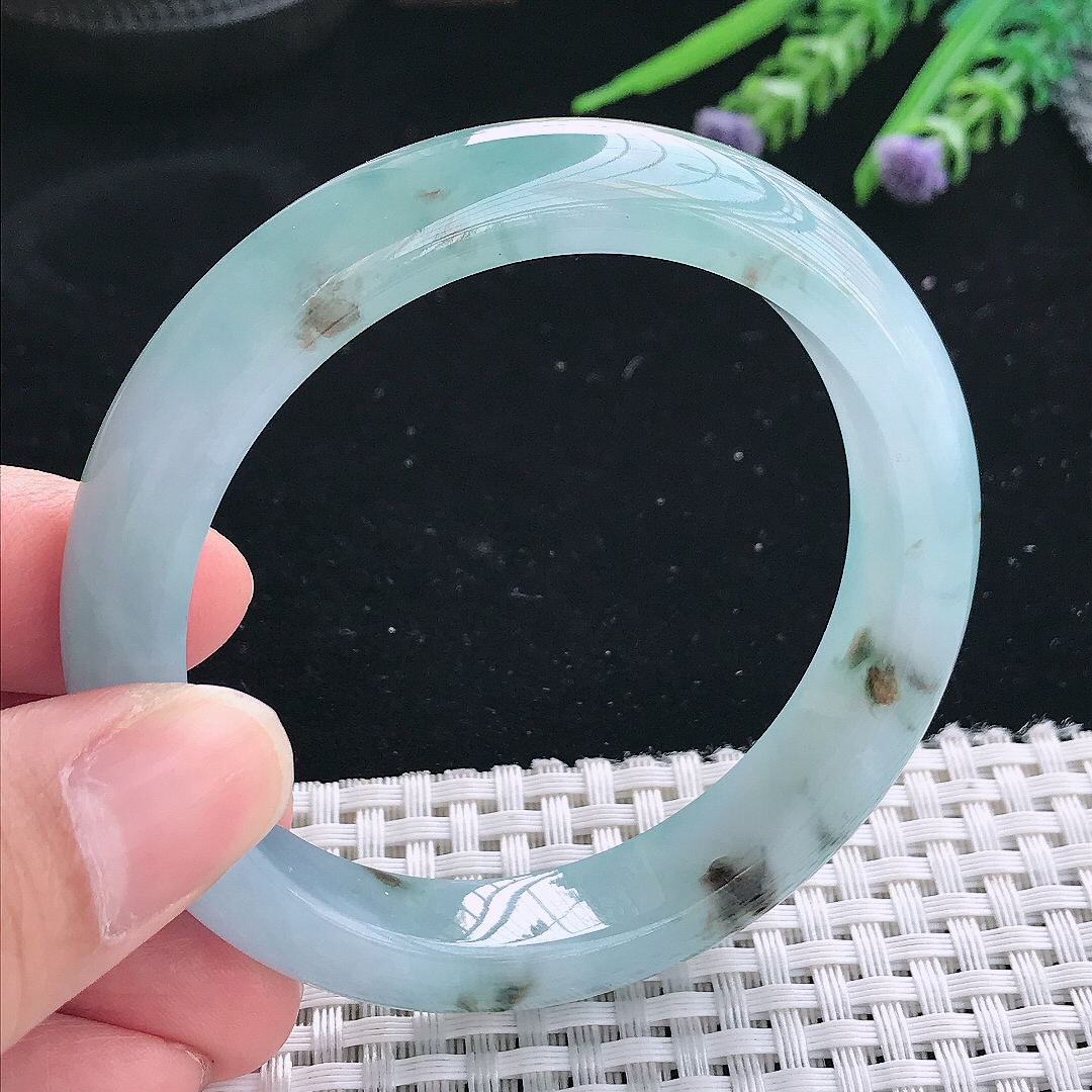 实拍天然翡翠55.5/11.5/8.6老坑冰胶果冻蓝韵飘花手镯翡翠玉镯手环