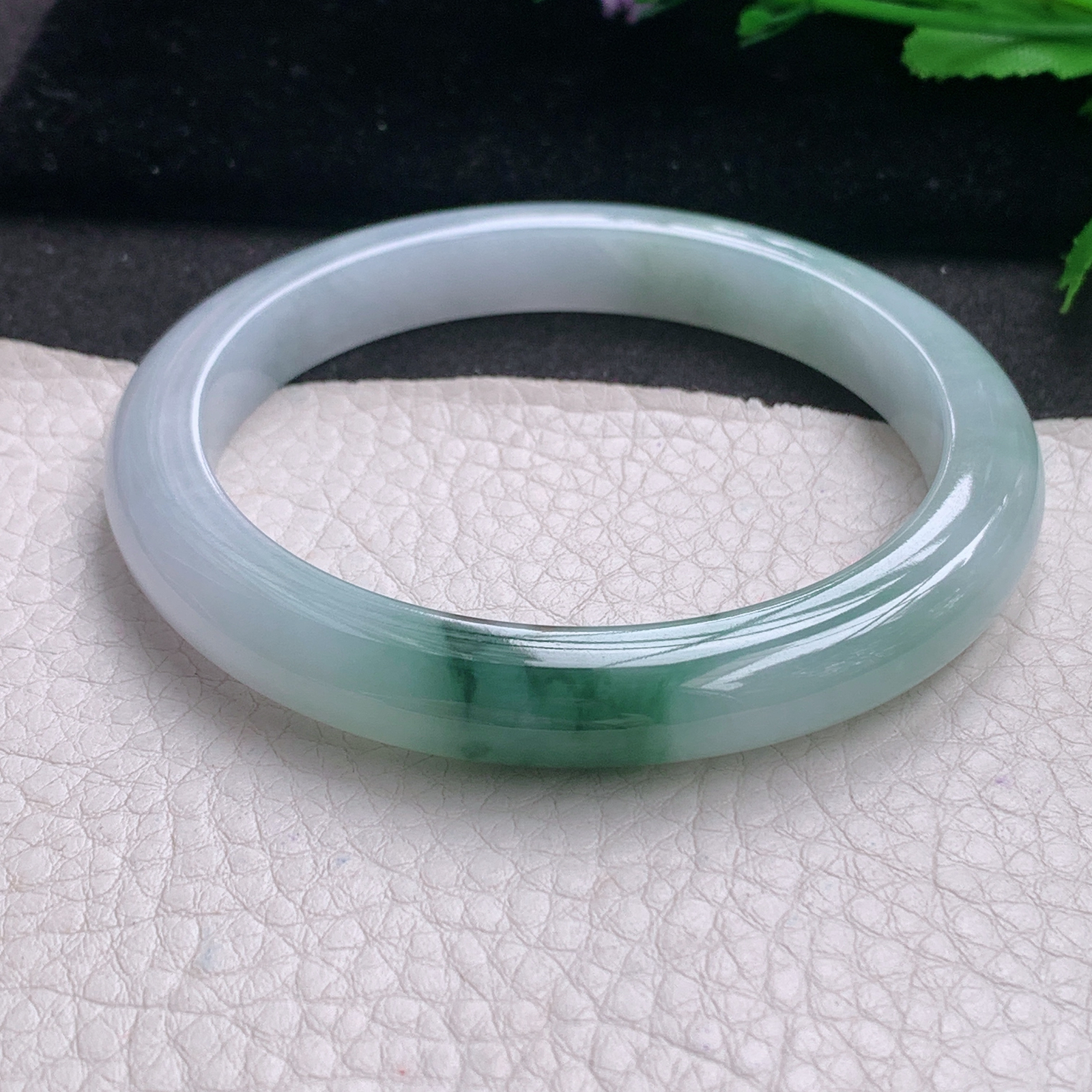 js大圈口60*9.5*8.5平安镯 缅甸翡翠A货玉手镯精美冰飘花宽边玉手环