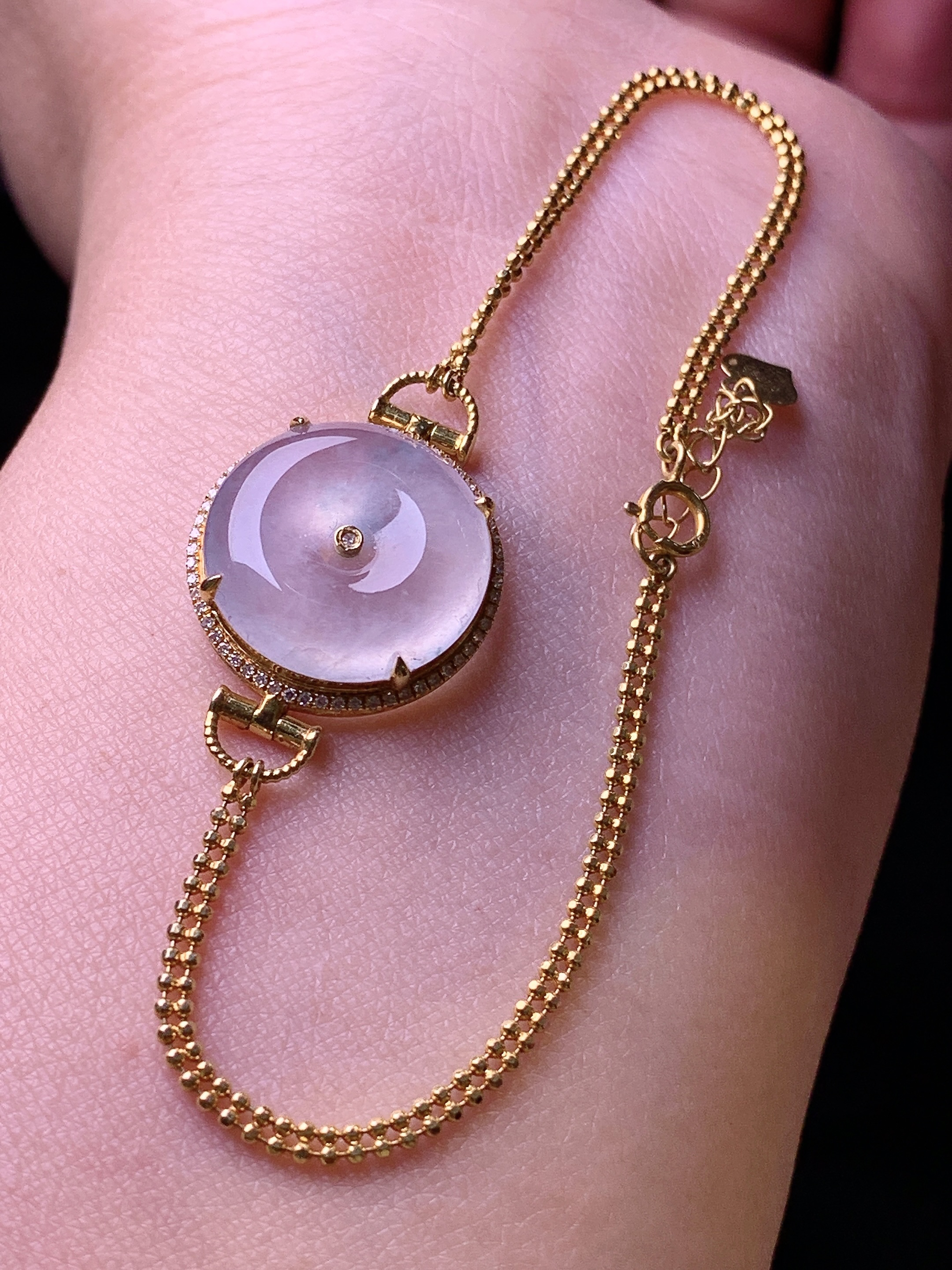 18k金钻镶嵌冰种平安扣手链 玉质细腻 色泽艳丽清新 水润亮眼 整体尺寸170*16.5*5y4