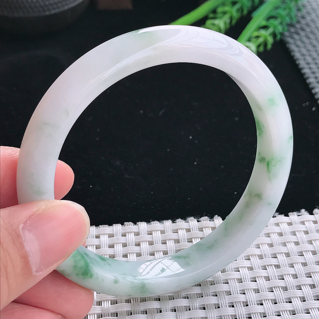 实拍天然翡翠60.5/11.3/8.3大圈口老坑温润飘花手镯翡翠玉镯手环