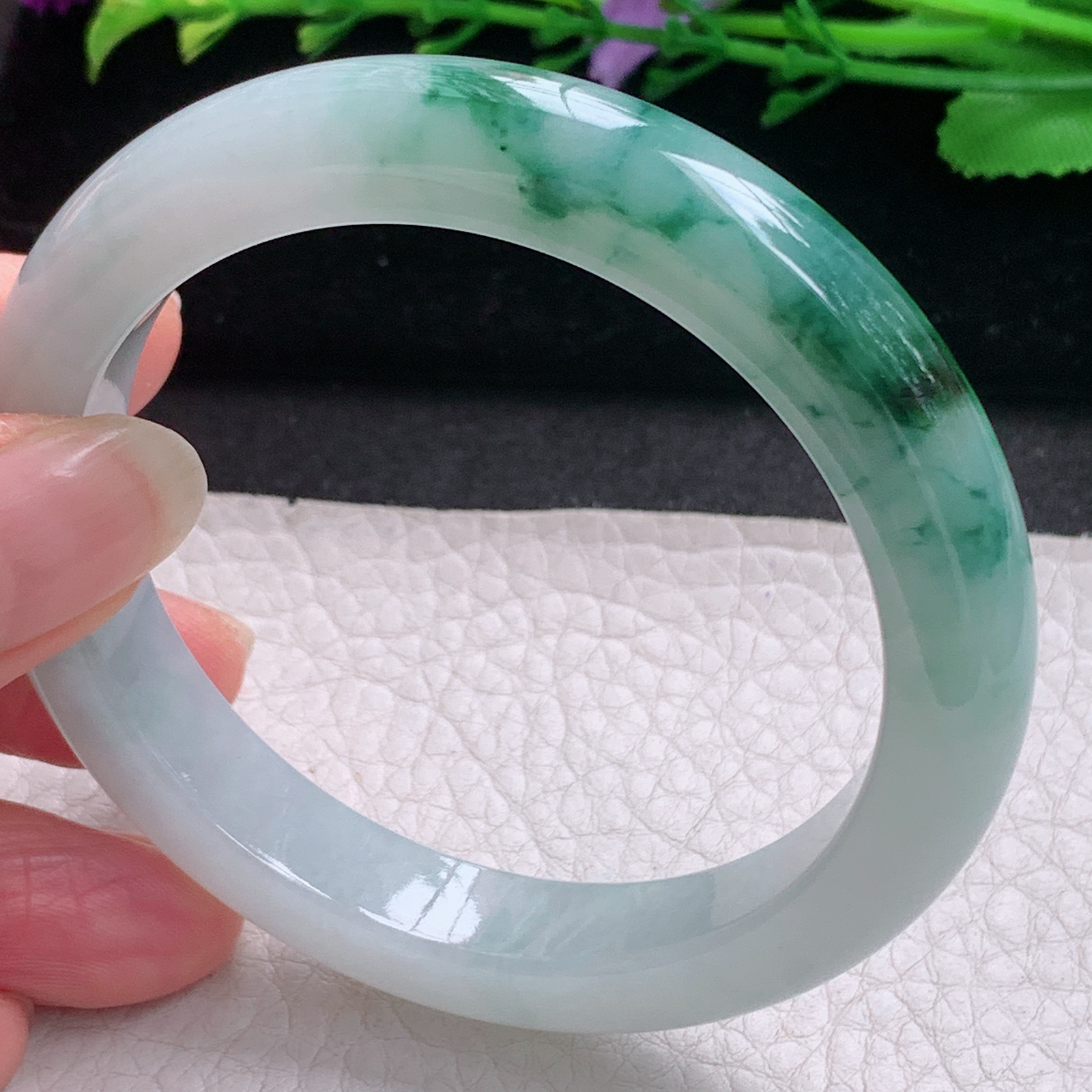 r飘逸款55.5*10.6*8.6平安镯 缅甸翡翠A货玉手镯精美冰飘花宽边玉手镯