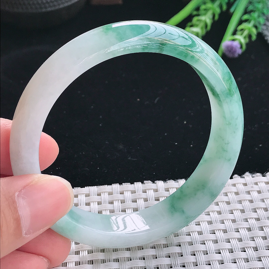 实拍天然翡翠58/13/8老坑冰润起胶飘花手镯翡翠玉镯手环