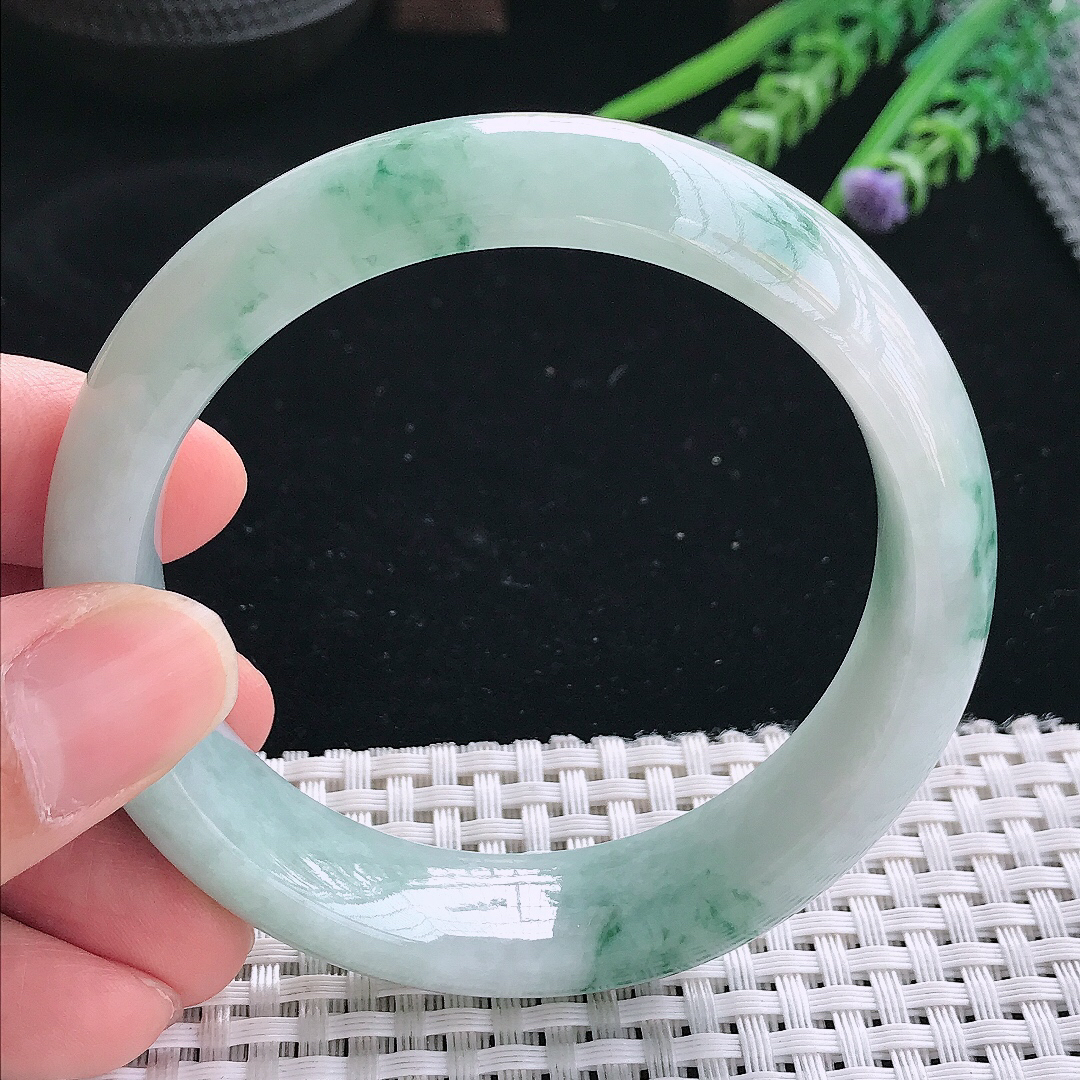 实拍天然翡翠58.5/15.9/8.8老坑精美温润飘花轮胎手镯翡翠玉镯手环