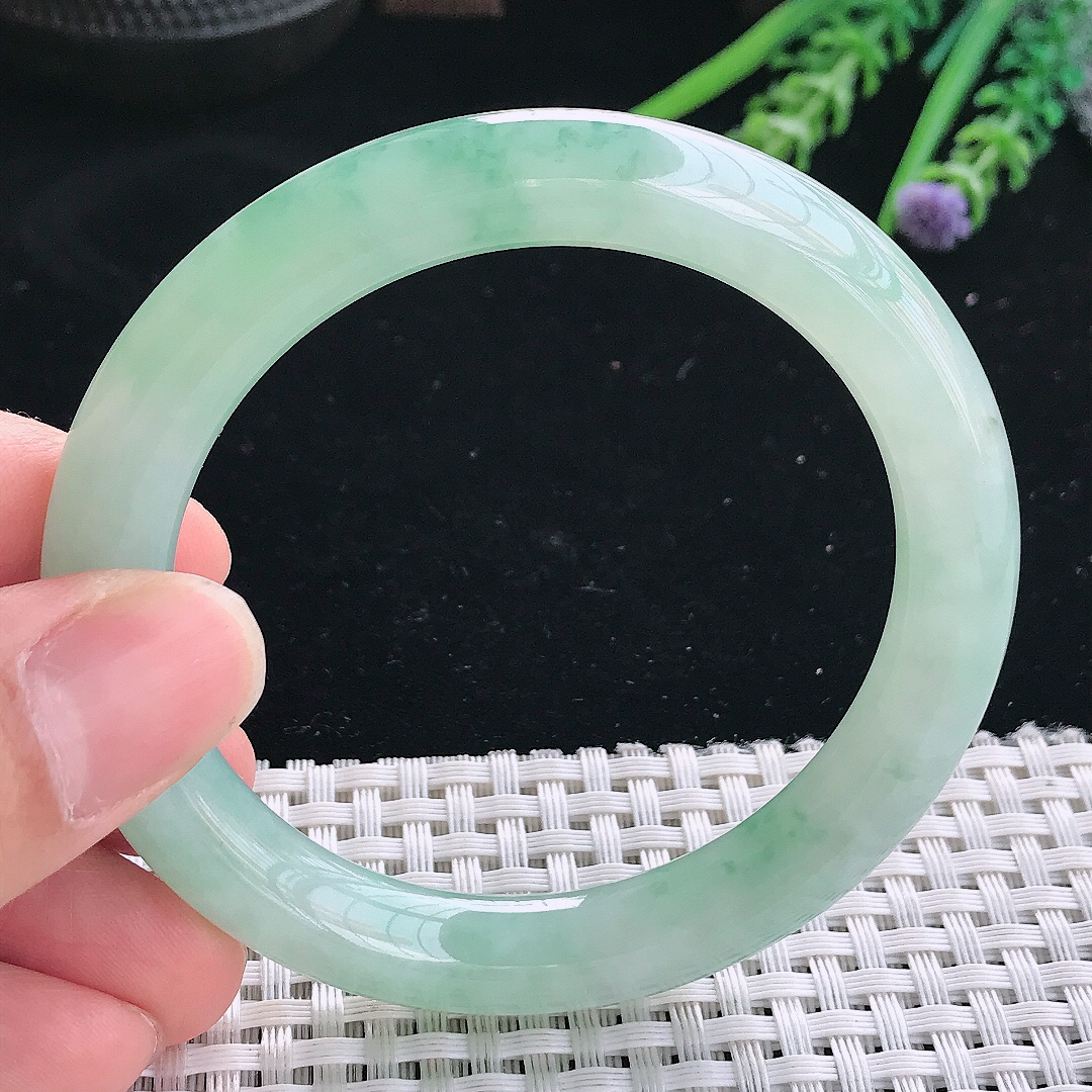 实拍天然翡翠54.5/9.5/9.3老坑冰胶果冻冰晴飘花圆条手镯翡翠玉镯手环