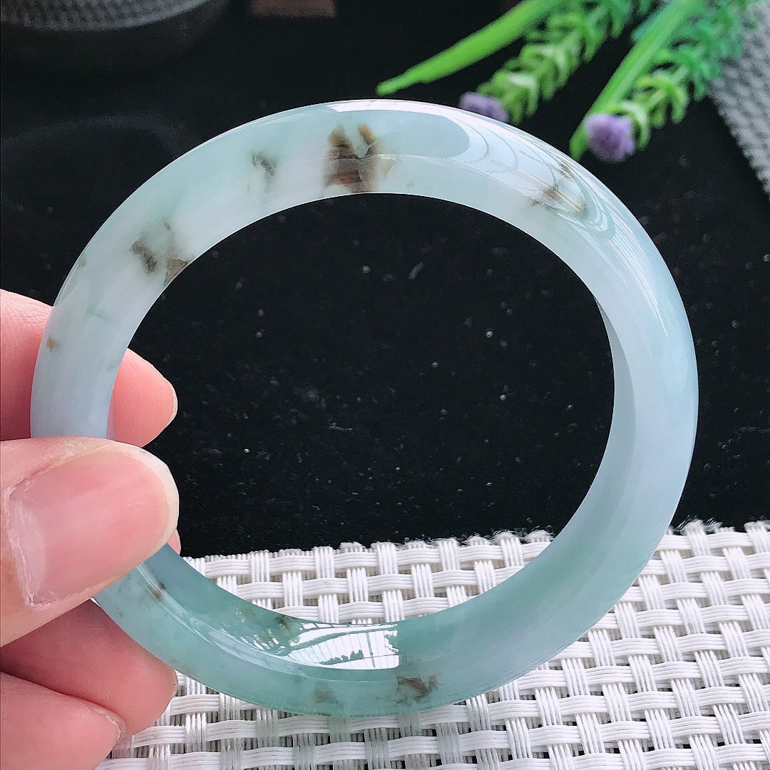 实拍天然翡翠55.5/11.5/8.6老坑冰胶果冻蓝韵飘花手镯翡翠玉镯手环