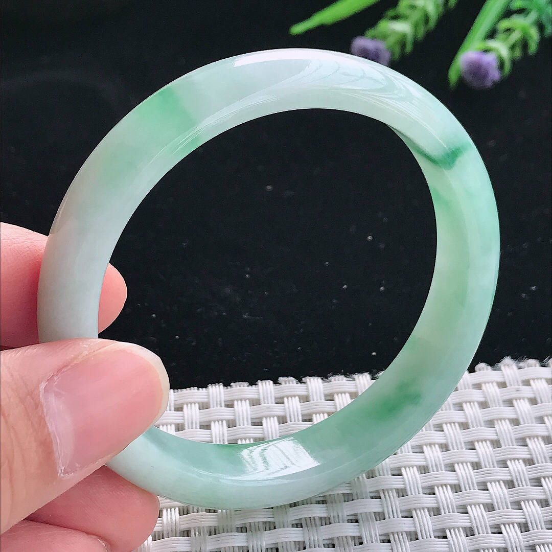 实拍天然翡翠55/12.2/7老坑精美温润飘花手镯翡翠玉镯手环