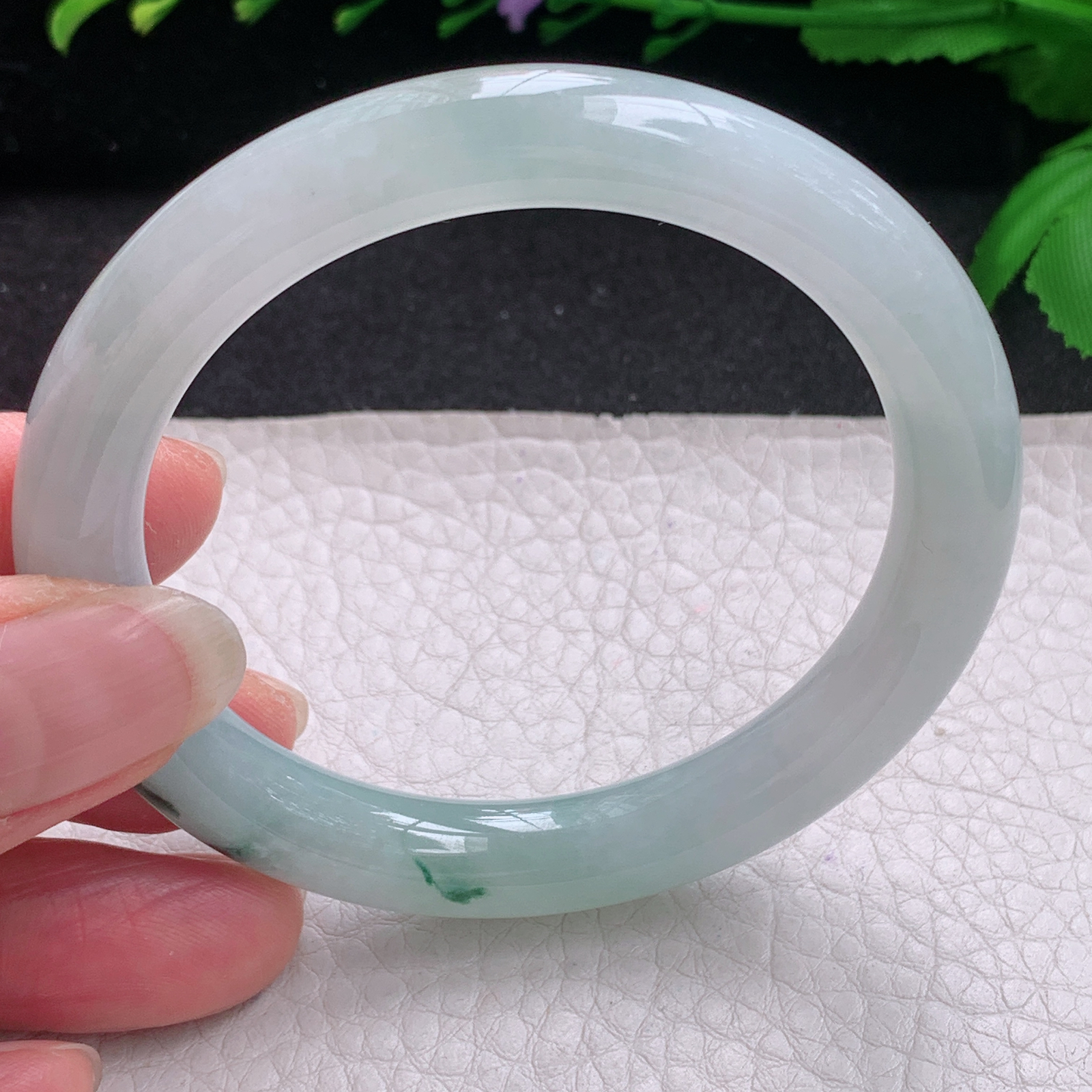 ee实拍53.8*9美人镯 缅甸翡翠A货玉手镯精美冰飘花圆条玉手镯