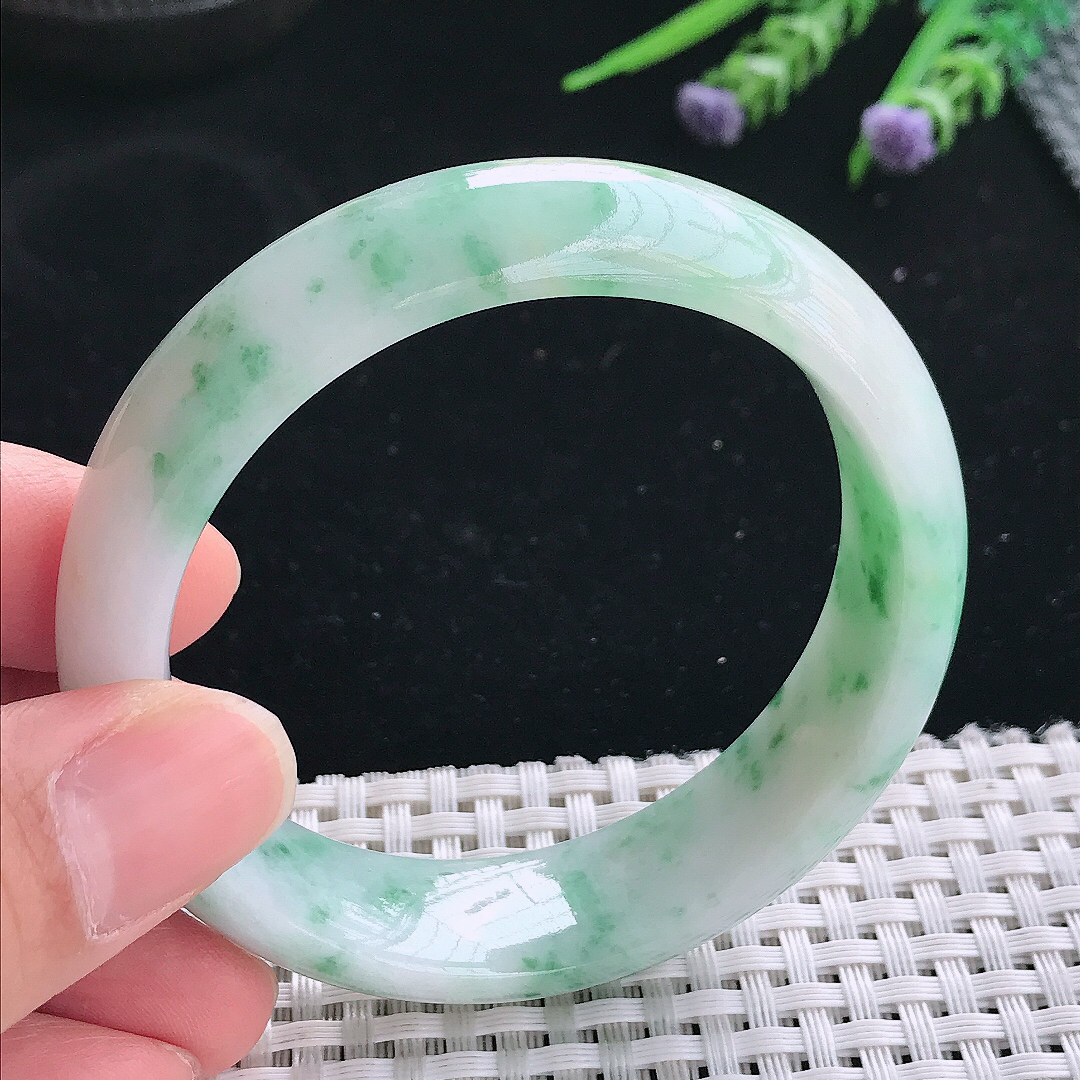 实拍天然翡翠54.5/15.4/8.1轮胎镯老坑精美温润飘花手镯翡翠玉镯手环