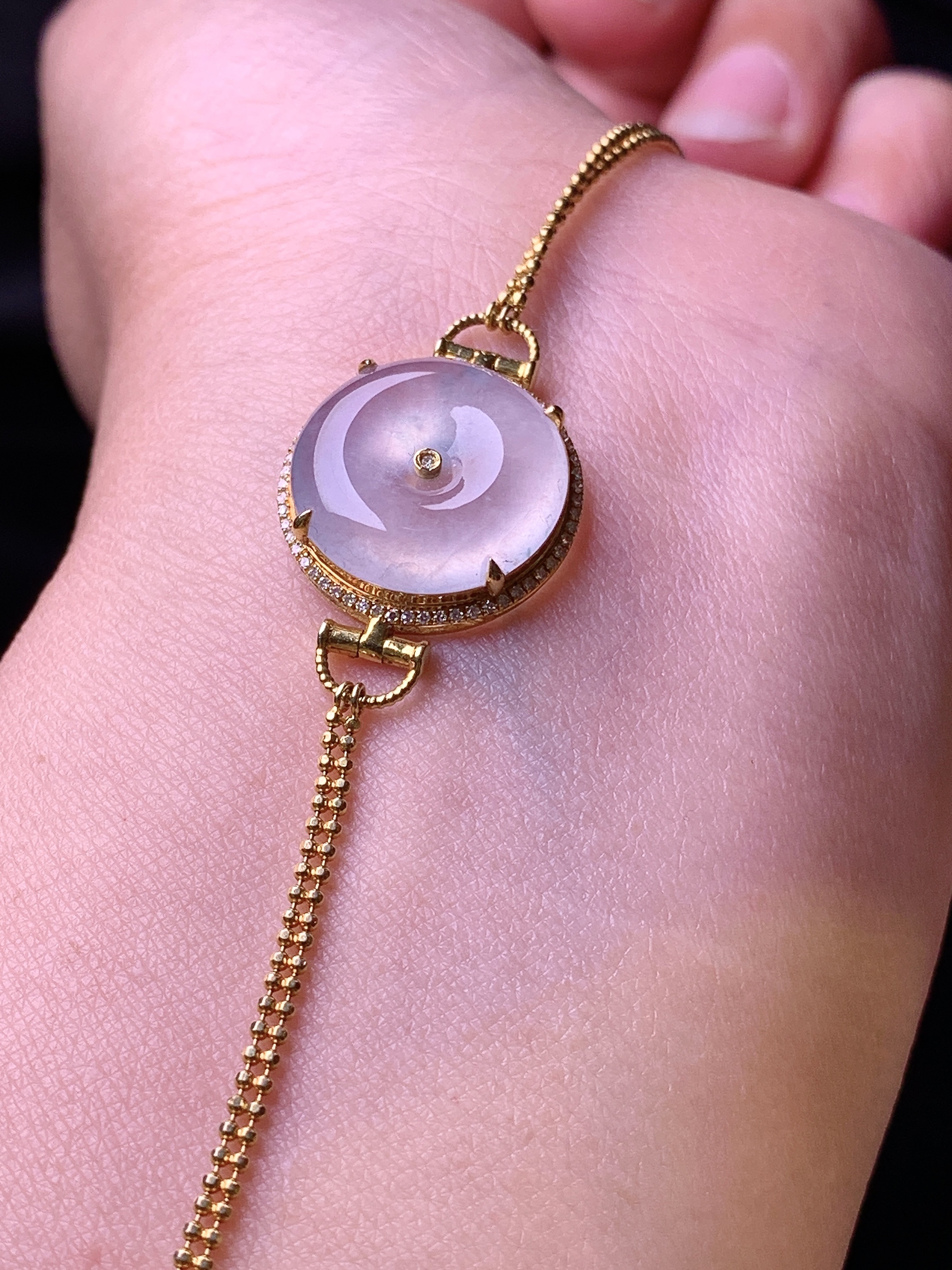 18k金钻镶嵌冰种平安扣手链 玉质细腻 色泽艳丽清新 水润亮眼 整体尺寸170*16.5*5y4