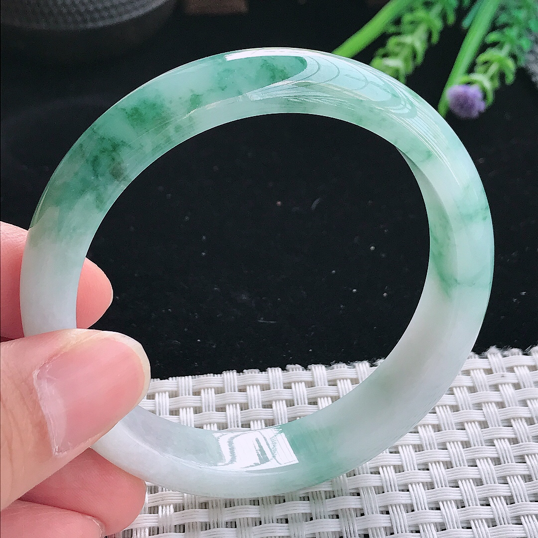 实拍天然翡翠58/13/8老坑冰润起胶飘花手镯翡翠玉镯手环