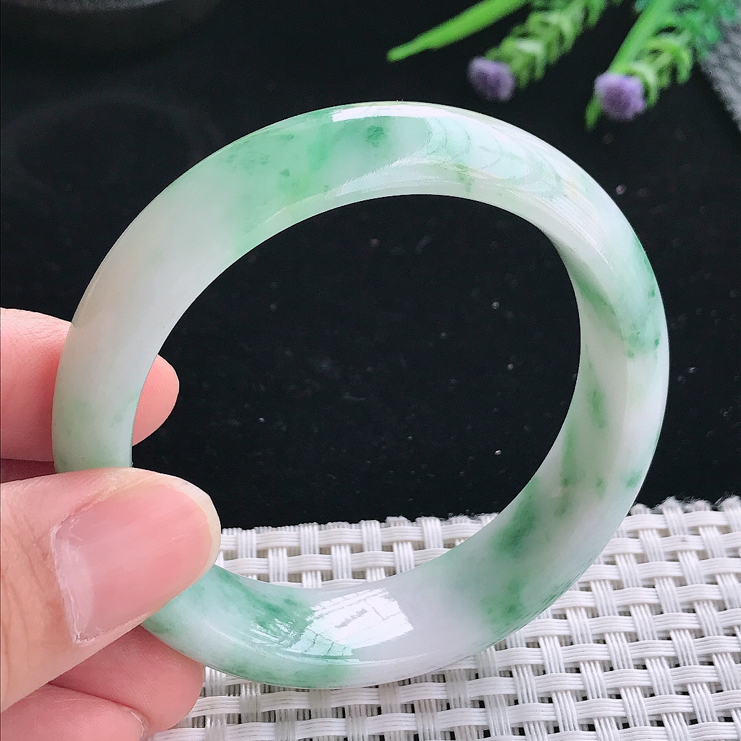 实拍天然翡翠54.5/15.4/8.1轮胎镯老坑精美温润飘花手镯翡翠玉镯手环