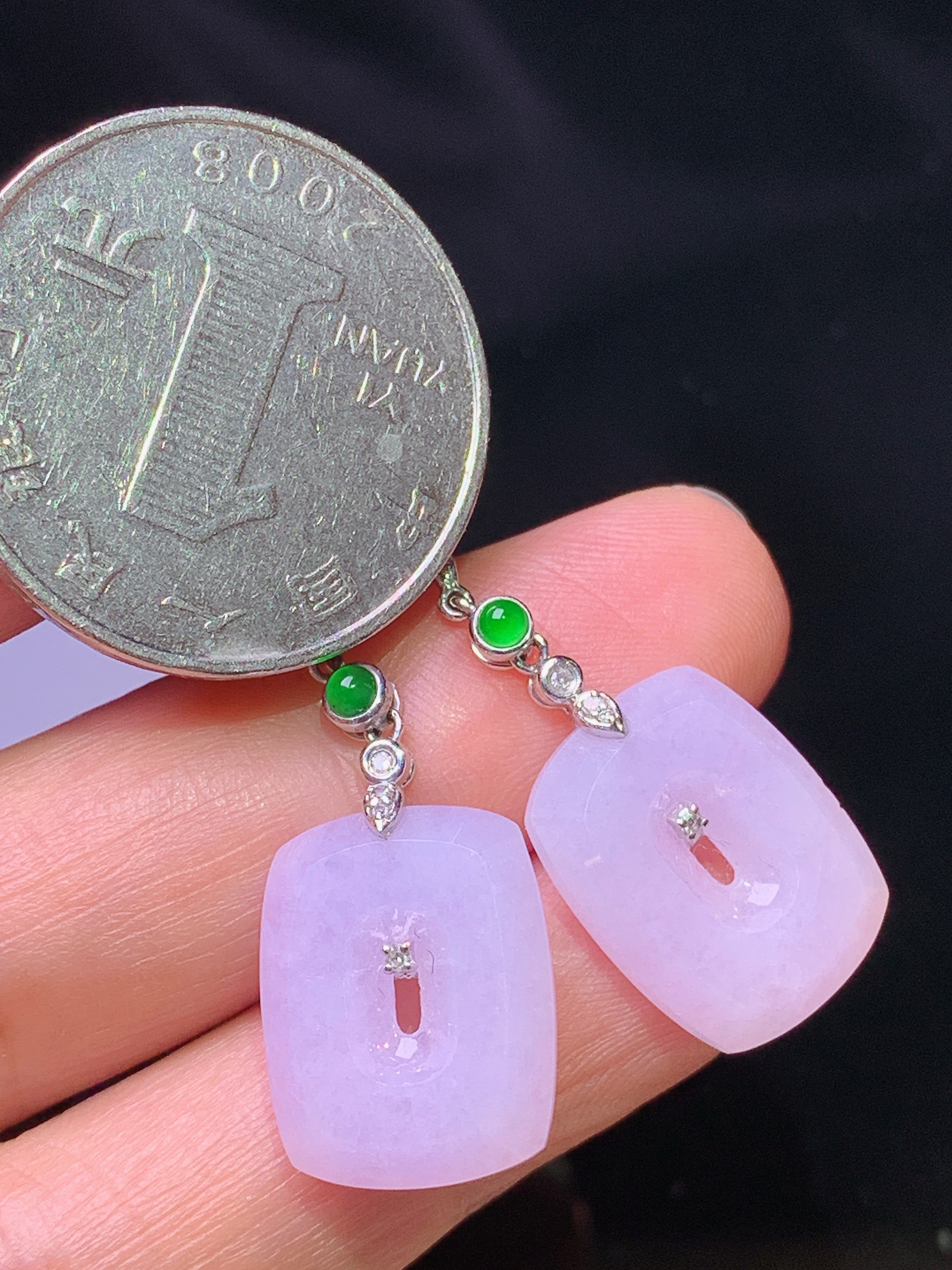 18k金钻镶嵌紫罗兰平安扣吊坠 玉质细腻 色泽艳丽清新 水润亮眼 整体尺寸35*12.5*3.8y4