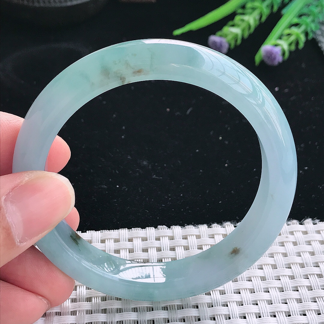 实拍天然翡翠55.5/11.5/8.6老坑冰胶果冻蓝韵飘花手镯翡翠玉镯手环