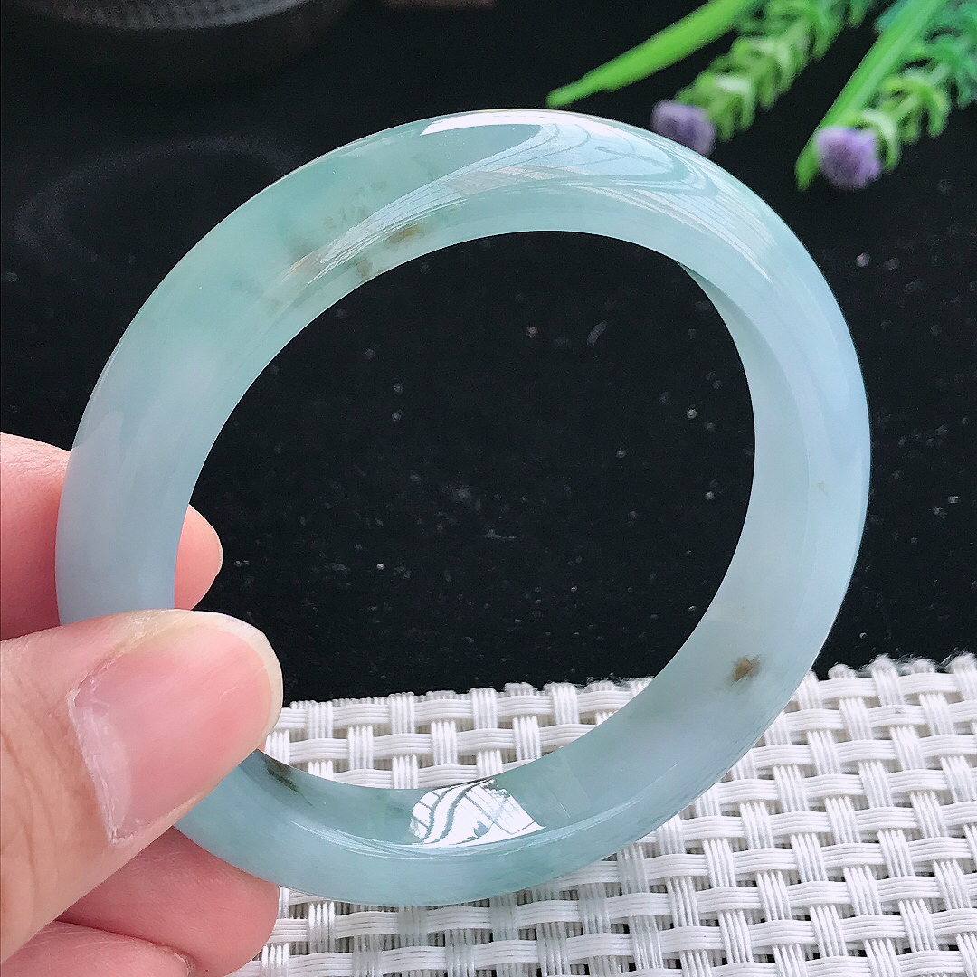 实拍天然翡翠55.5/11.5/8.6老坑冰胶果冻蓝韵飘花手镯翡翠玉镯手环