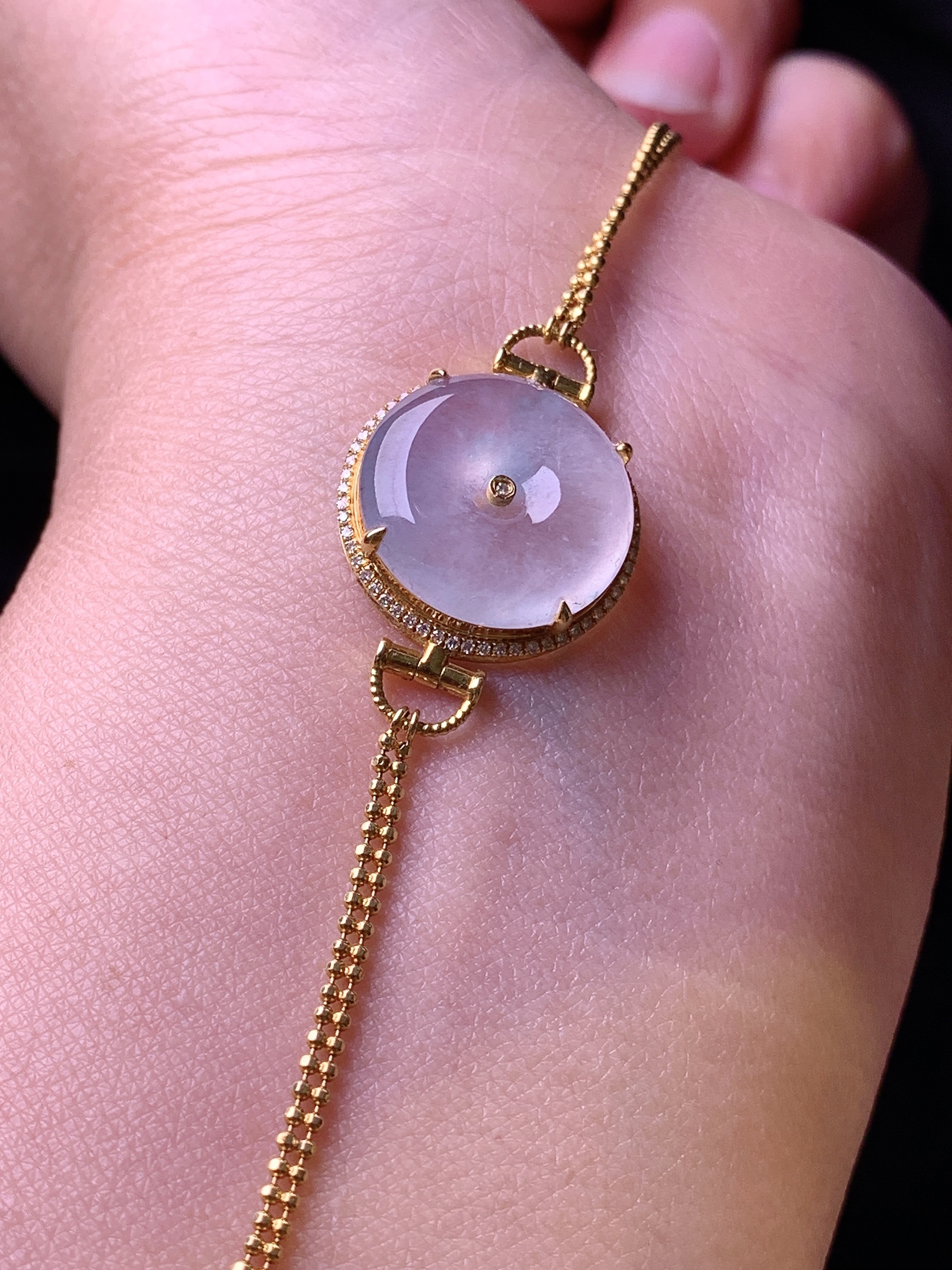 18k金钻镶嵌冰种平安扣手链 玉质细腻 色泽艳丽清新 水润亮眼 整体尺寸170*16.5*5y4