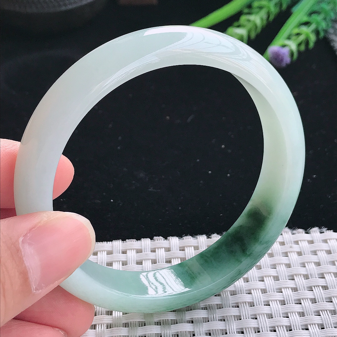 实拍天然翡翠59/13.8/7.6老坑精美冰润飘花手镯翡翠玉镯手环