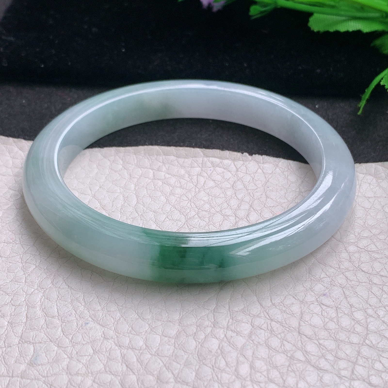 js大圈口60*9.5*8.5平安镯 缅甸翡翠A货玉手镯精美冰飘花宽边玉手环