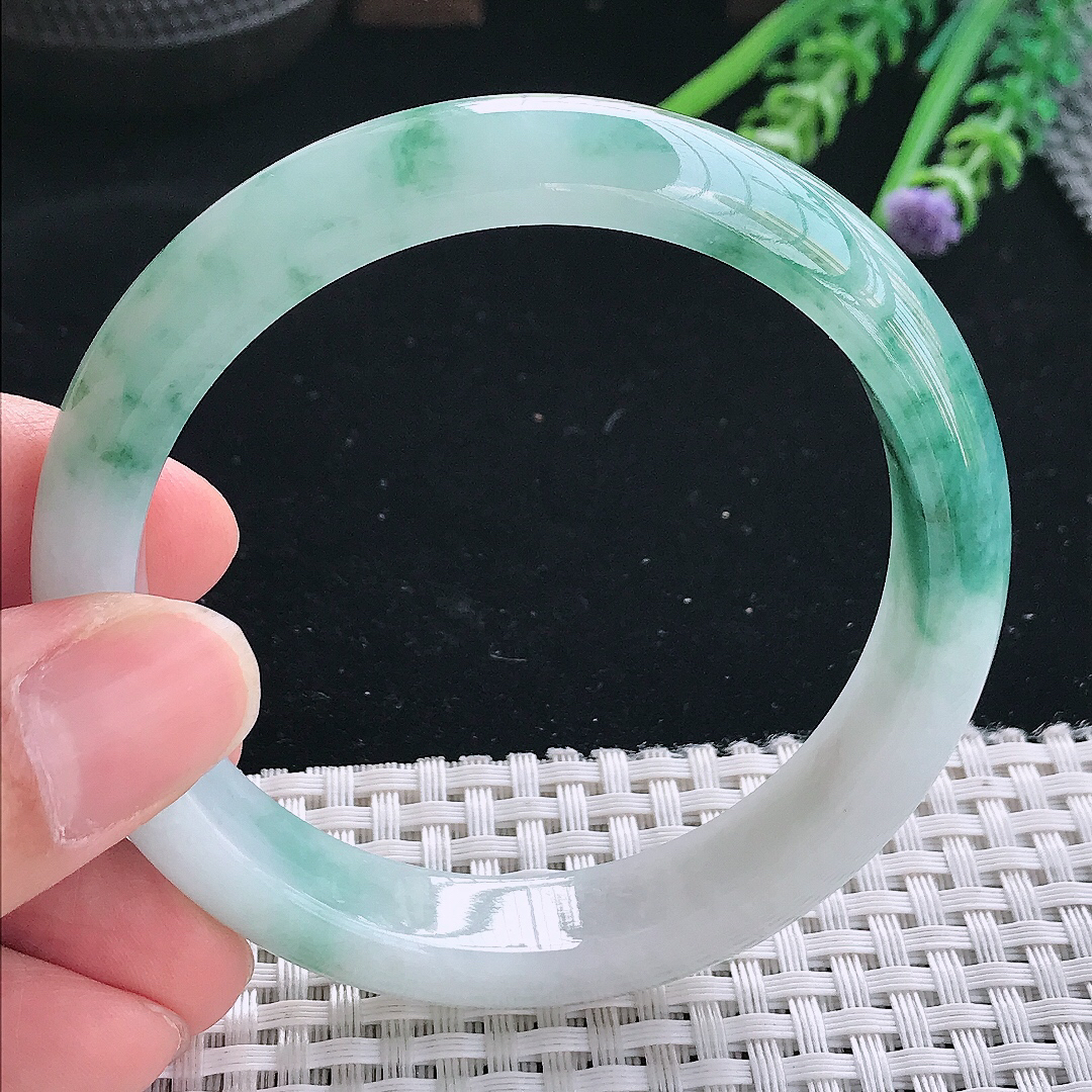 实拍天然翡翠58/13/8老坑冰润起胶飘花手镯翡翠玉镯手环